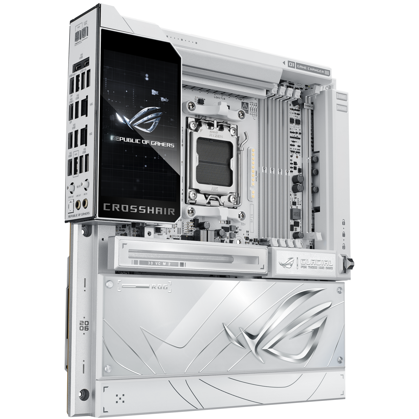 A large main feature product image of ASUS ROG Crosshair X870E Glacial AM5 eATX Desktop Motherboard