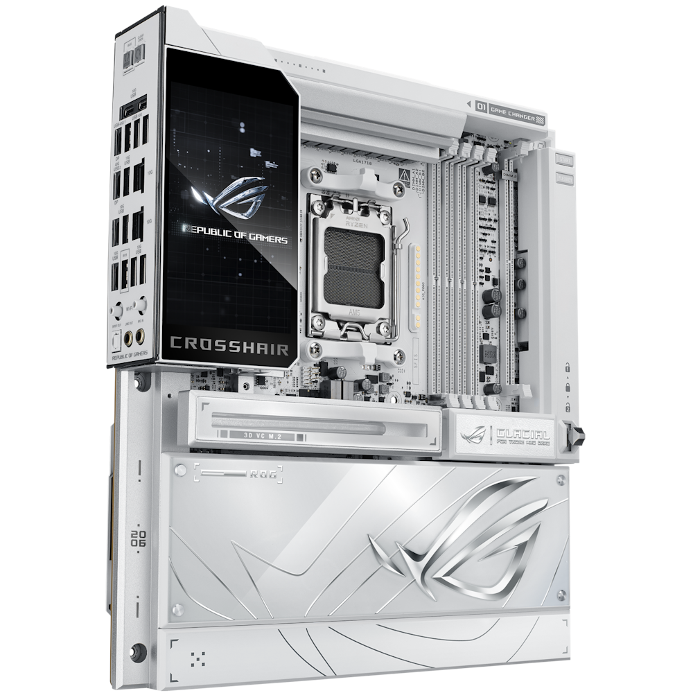A large main feature product image of ASUS ROG Crosshair X870E Glacial AM5 eATX Desktop Motherboard