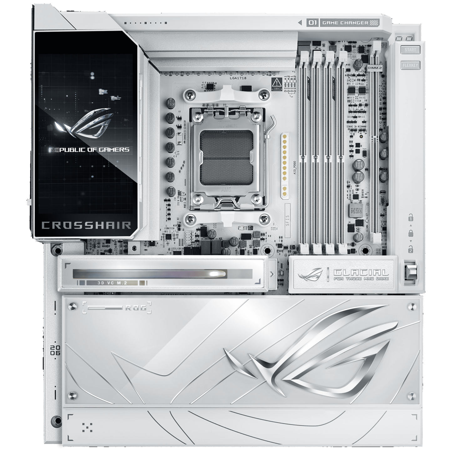 A large main feature product image of ASUS ROG Crosshair X870E Glacial AM5 eATX Desktop Motherboard