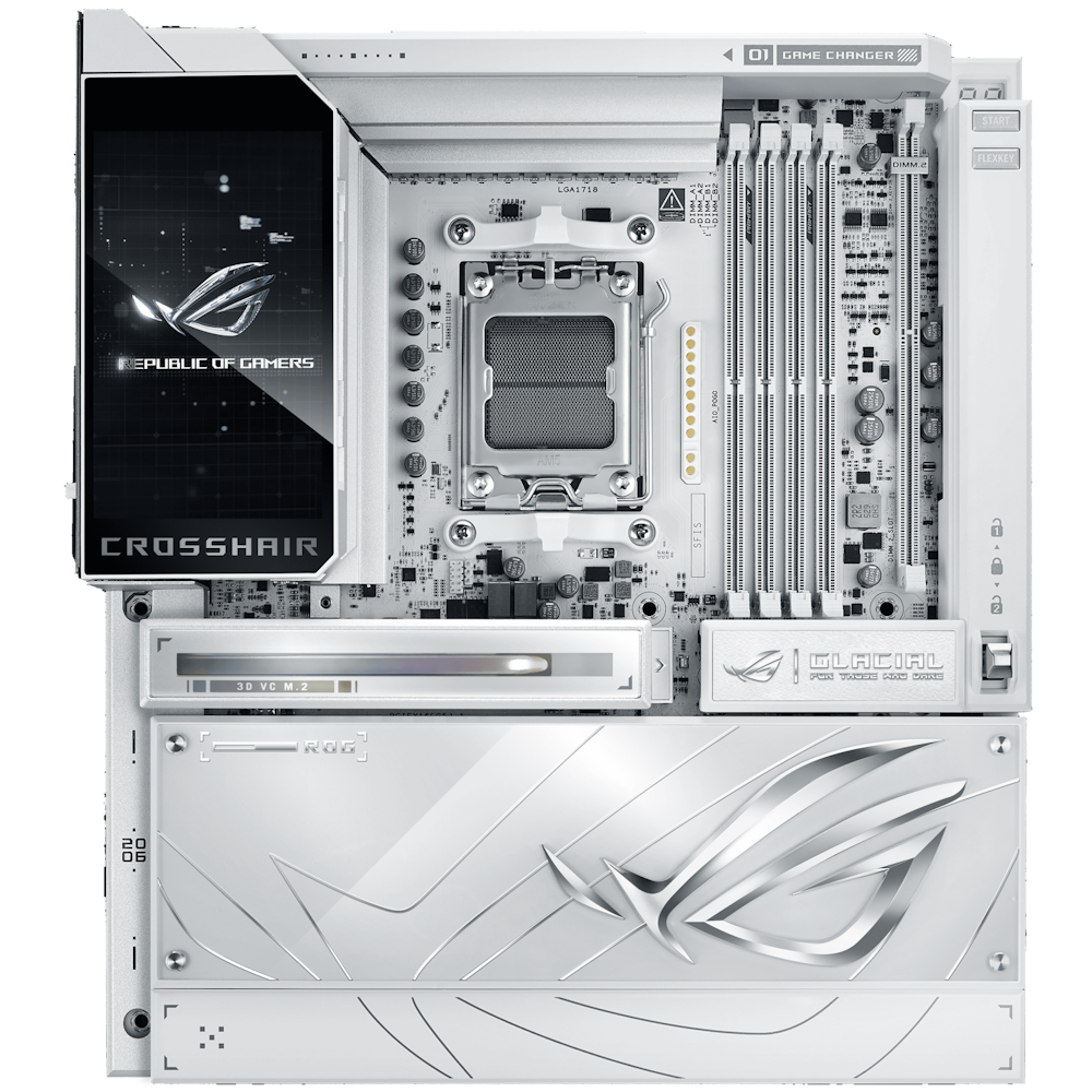 A large main feature product image of ASUS ROG Crosshair X870E Glacial AM5 eATX Desktop Motherboard