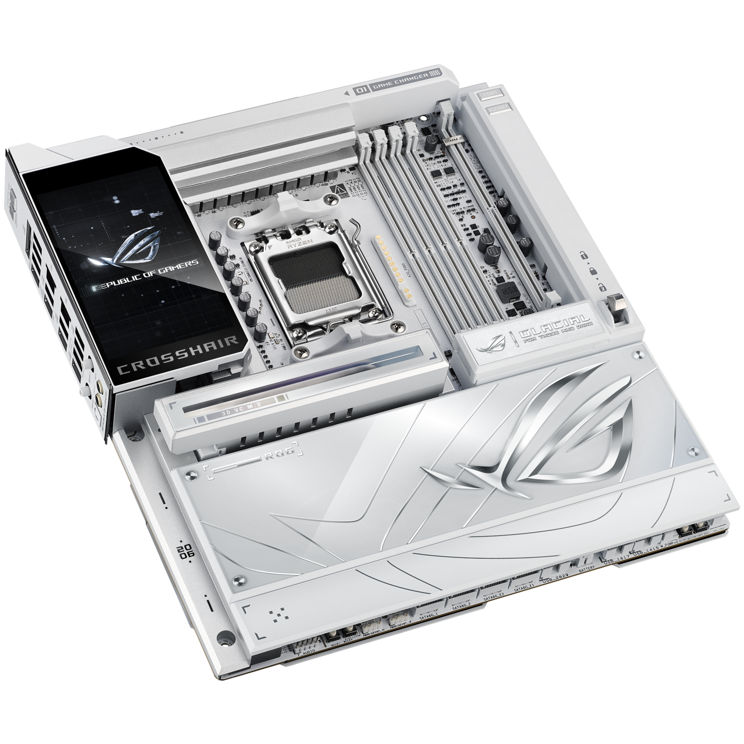 A large main feature product image of ASUS ROG Crosshair X870E Glacial AM5 eATX Desktop Motherboard