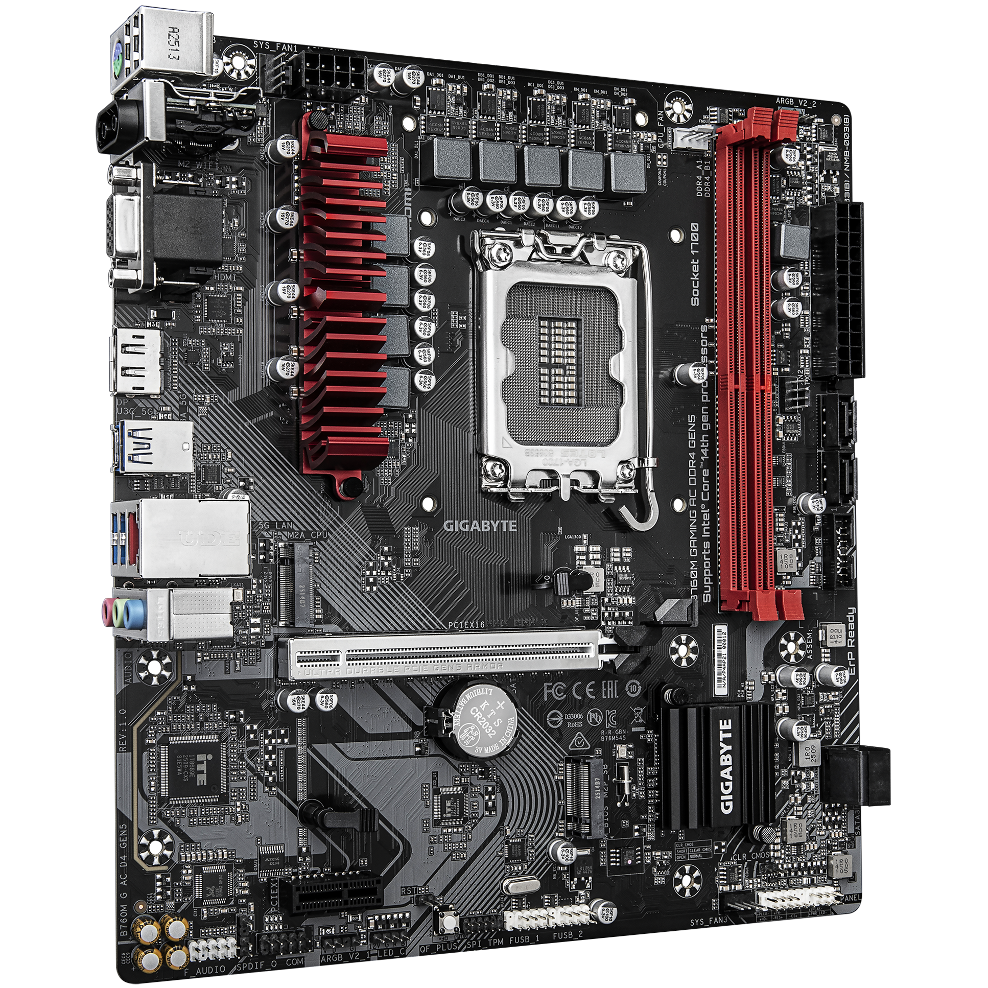 A large main feature product image of Gigabyte B760M Gaming AC DDR4 GEN5 LGA1700 mATX Desktop Motherboard