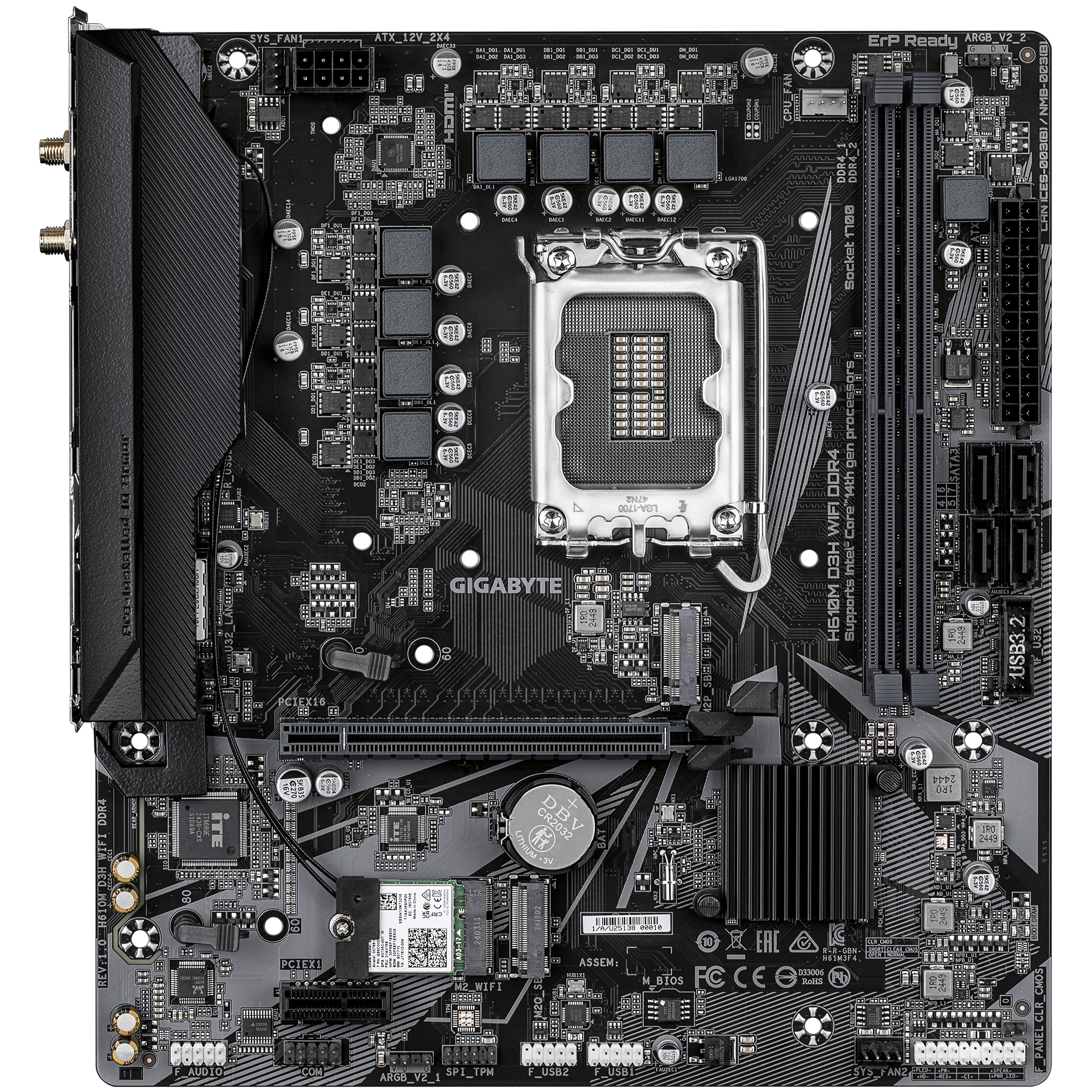 A large main feature product image of Gigabyte H610M D3H WiFi DDR4 LGA1700 mATX Desktop Motherboard