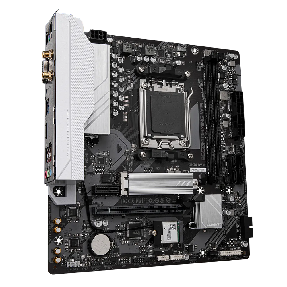 A large main feature product image of EX-DEMO Gigabyte B650M Gaming WiFi AM5 mATX Desktop Motherboard