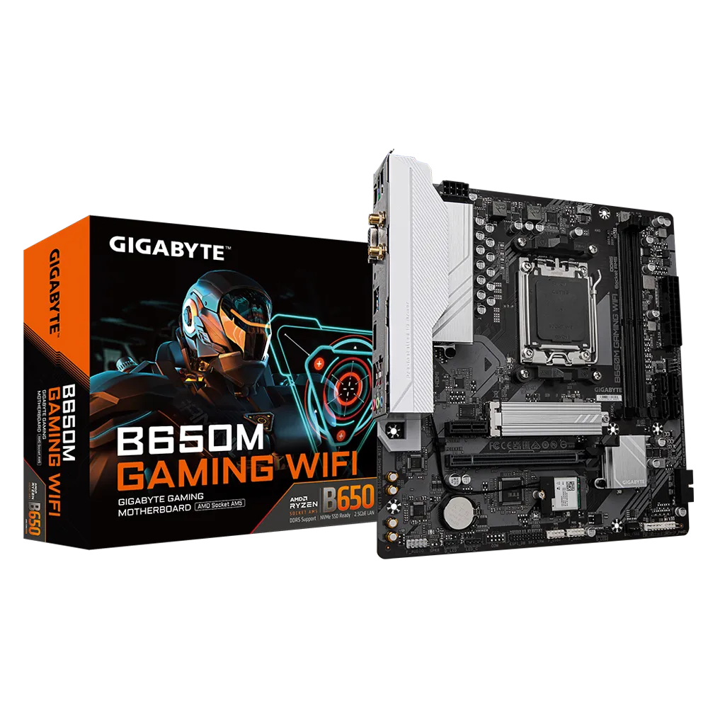 A large main feature product image of EX-DEMO Gigabyte B650M Gaming WiFi AM5 mATX Desktop Motherboard
