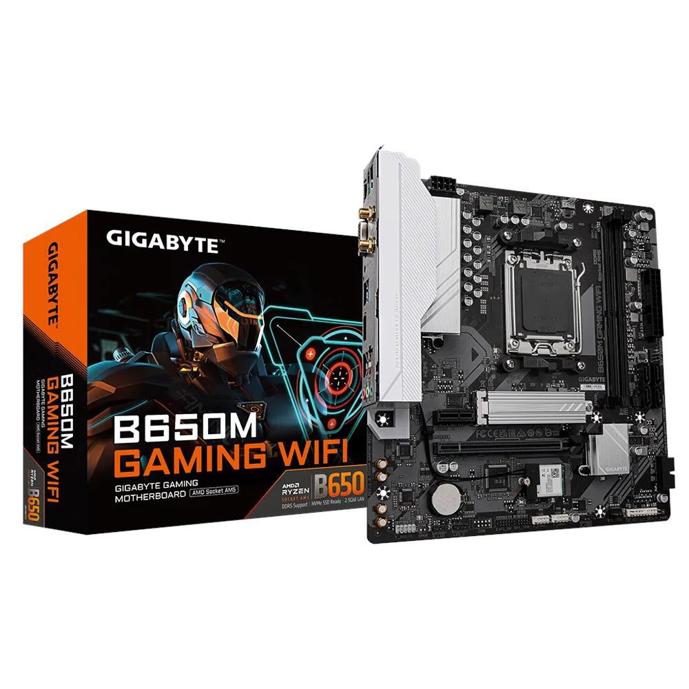A large main feature product image of EX-DEMO Gigabyte B650M Gaming WiFi AM5 mATX Desktop Motherboard