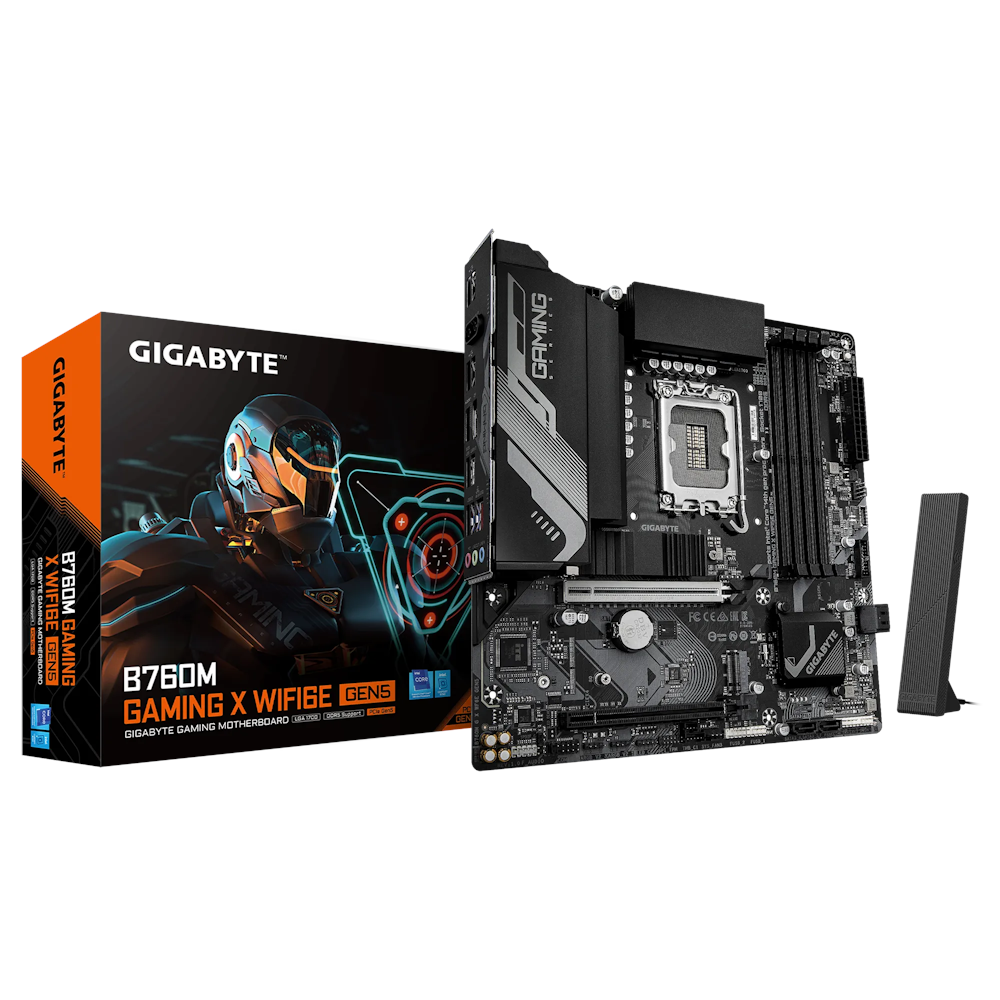 A large main feature product image of EX-DEMO Gigabyte B760M Gaming X WiFi6E GEN5 LGA1700 mATX Desktop Motherboard