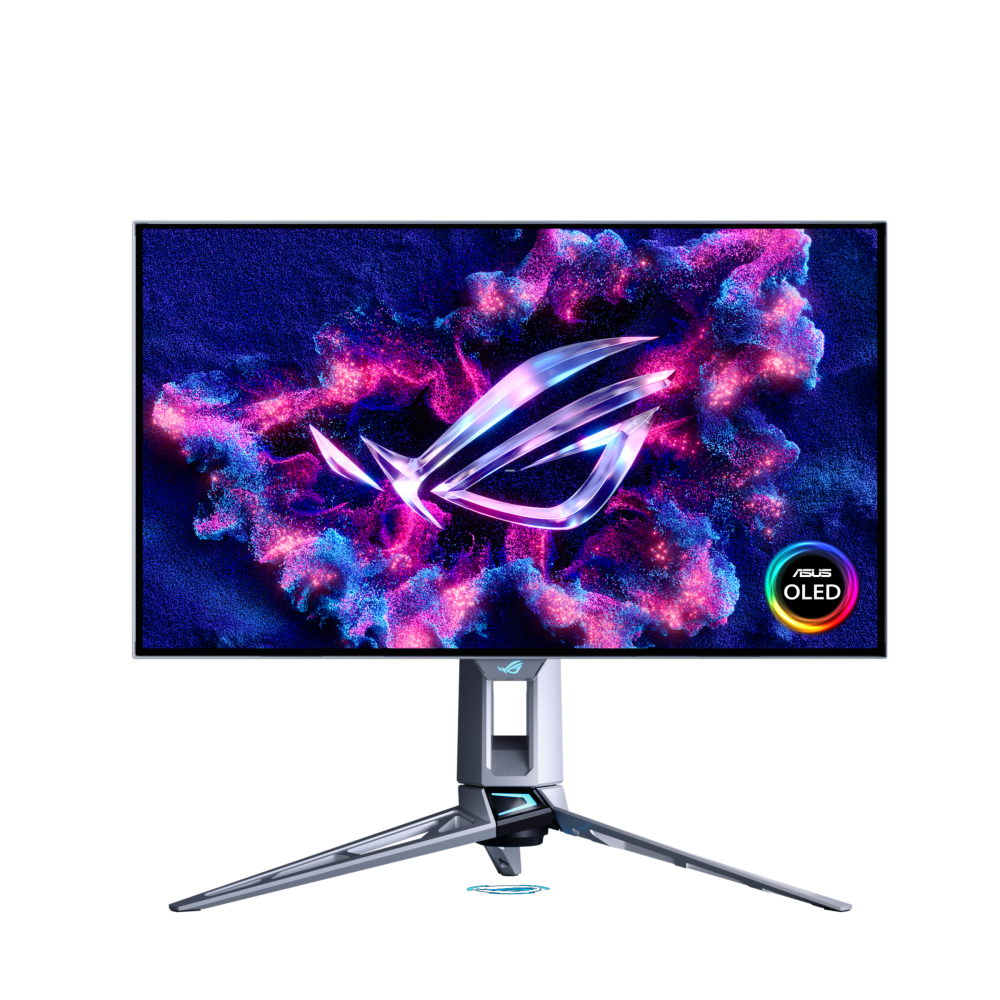 A large main feature product image of ASUS ROG Swift OLED PG27AQWP-W - 27" 1440p 540Hz/1080p 720Hz Tandem OLED Gaming Monitor