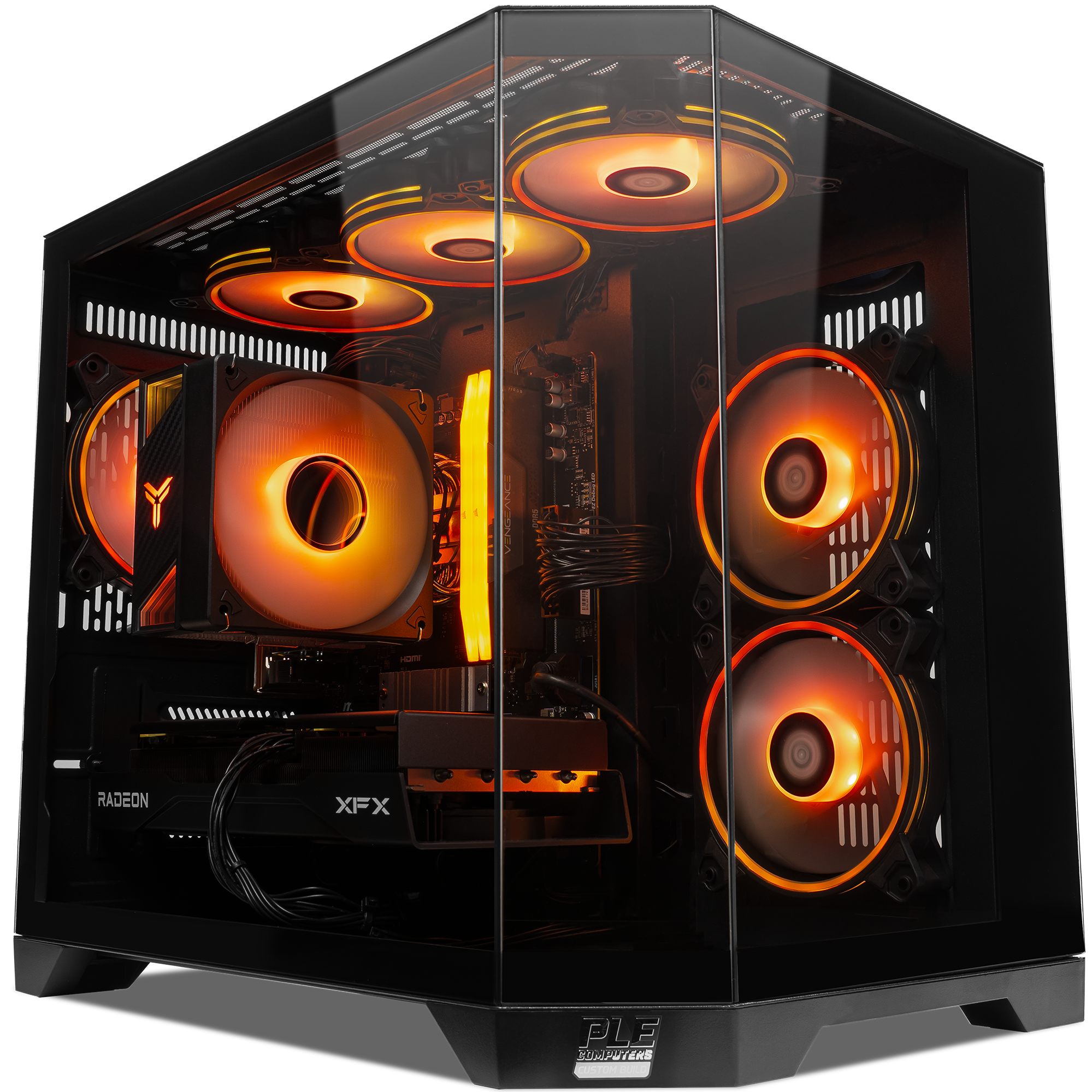 A large main feature product image of EX-DEMO PLE Ember RX 9060 XT Prebuilt Ready To Go Gaming PC