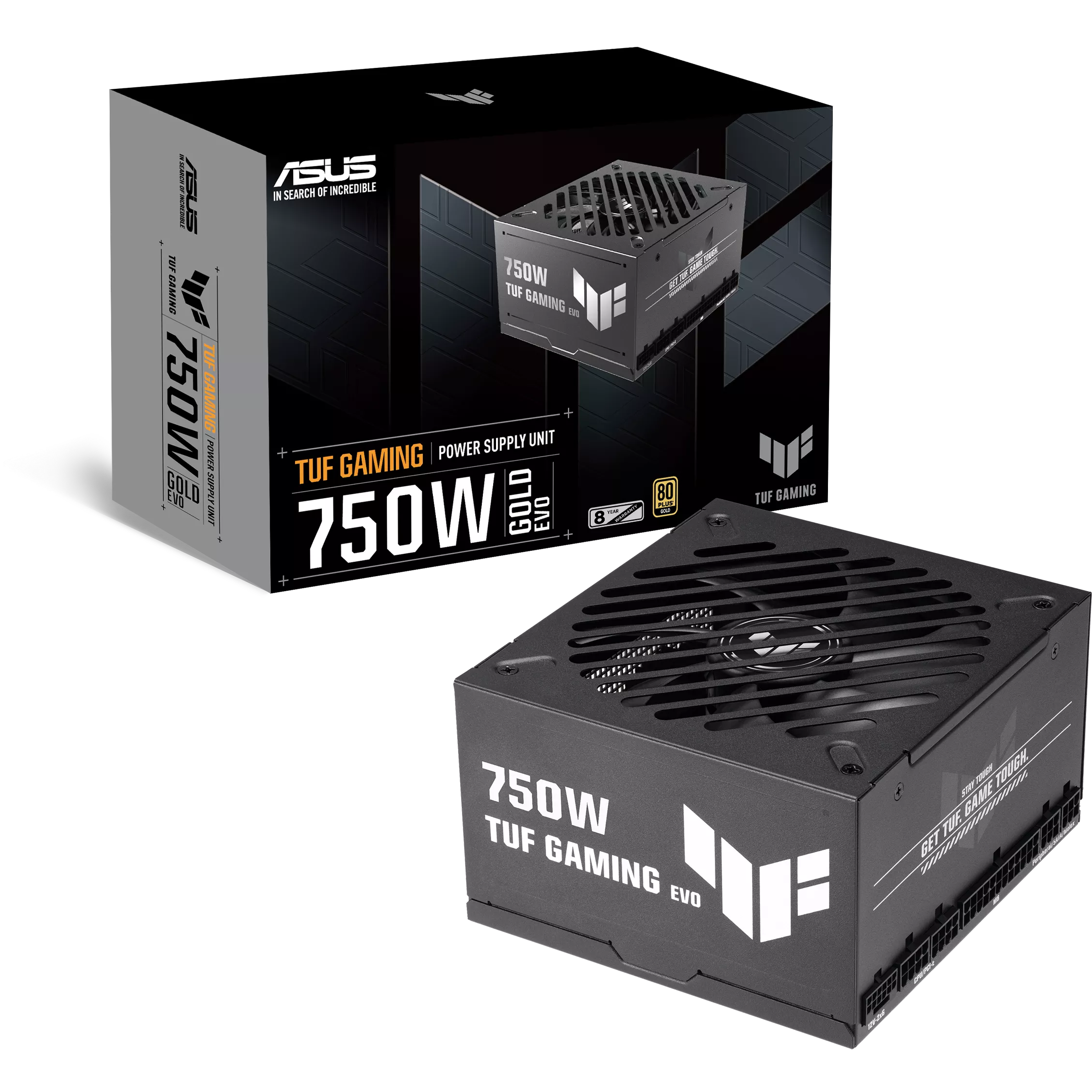 A large main feature product image of ASUS TUF GAMING 750W Gold EVO ATX Modular PSU
