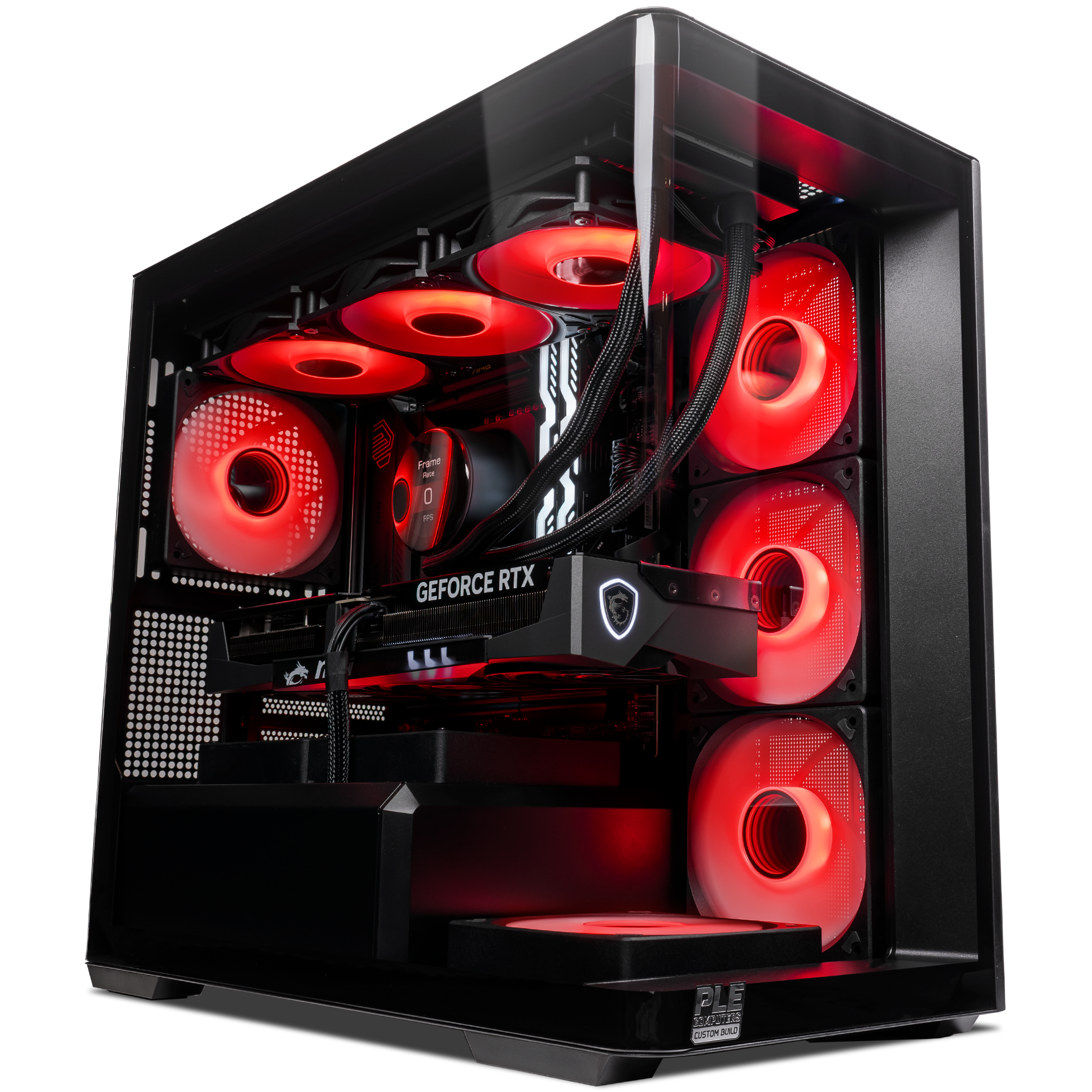 A large main feature product image of PLE Crimson RTX 5080 Prebuilt Ready To Go Gaming PC