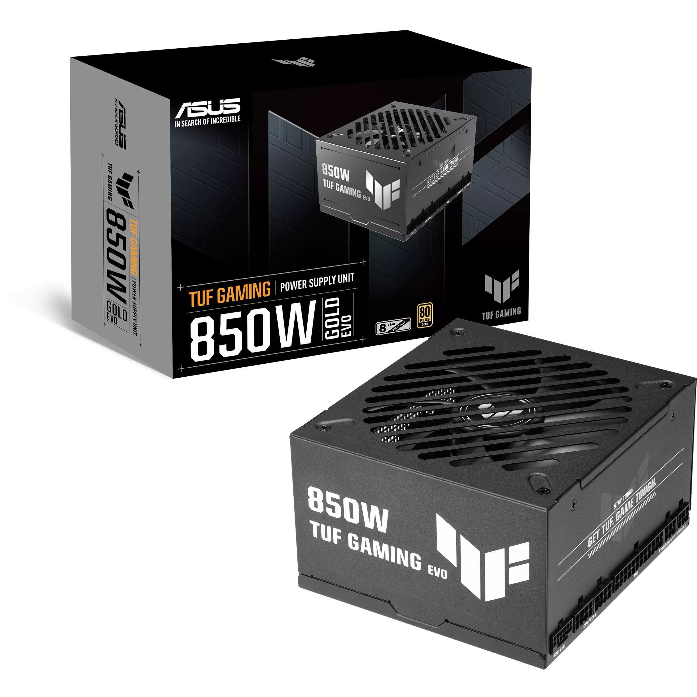 A large main feature product image of ASUS TUF GAMING 850W Gold EVO ATX Modular PSU