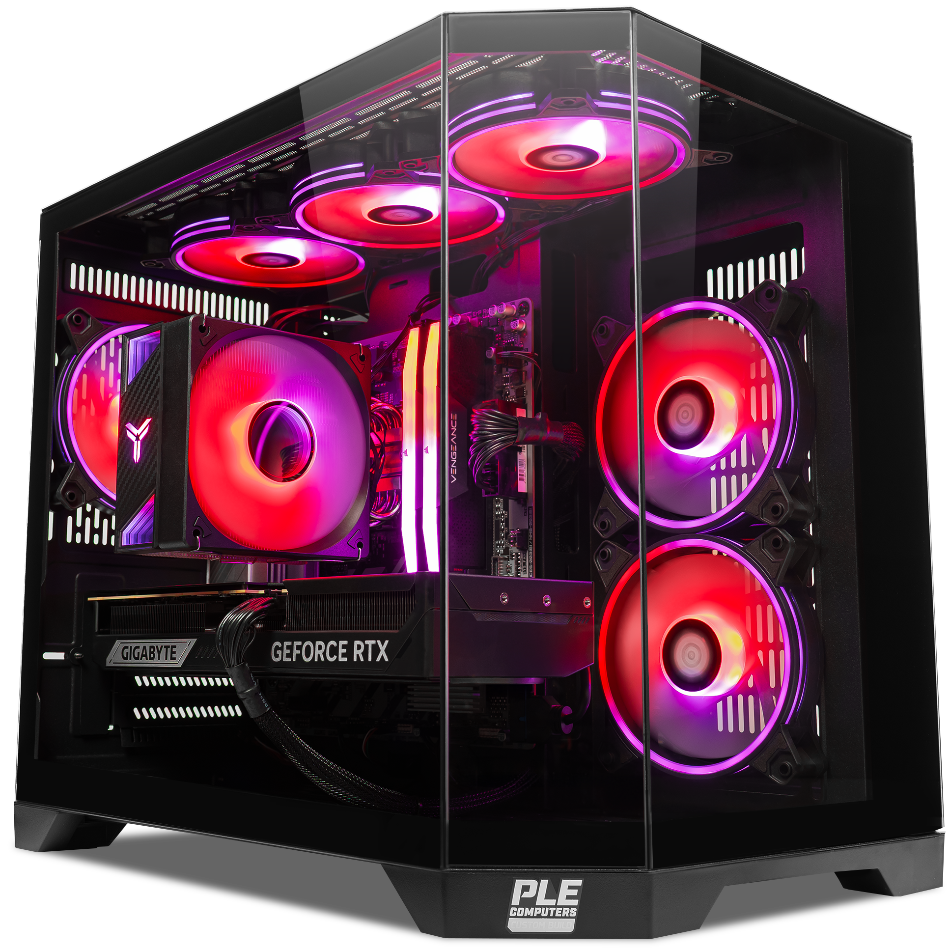A large main feature product image of PLE Ruby RTX 5070 Ti Prebuilt Ready To Go Gaming PC