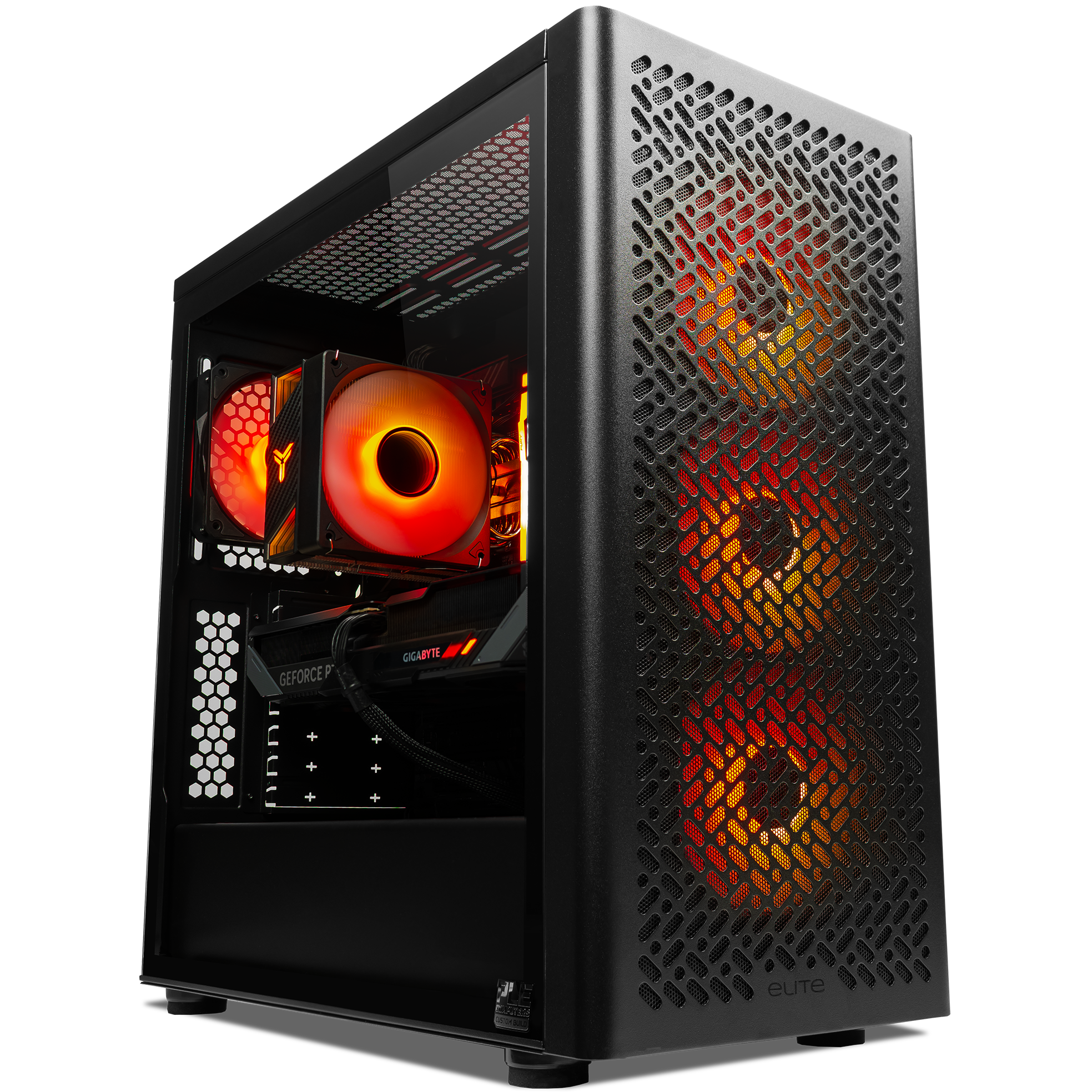 A large main feature product image of PLE Flame RTX 5070 Prebuilt Ready To Go Gaming PC