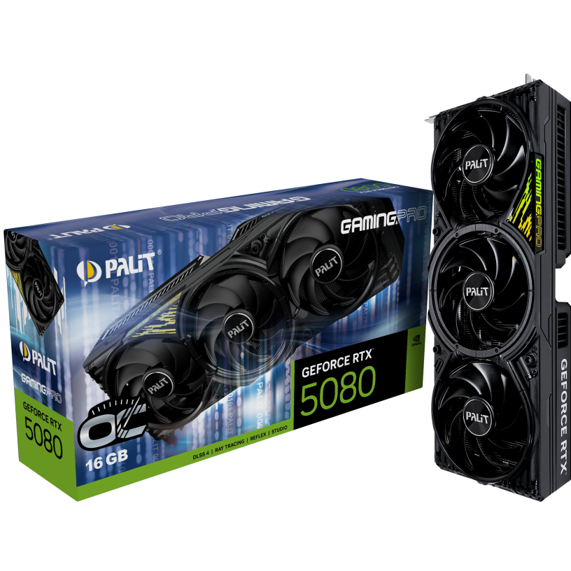 A large main feature product image of Palit GeForce RTX 5080 GamingPro OC 16GB GDDR7
