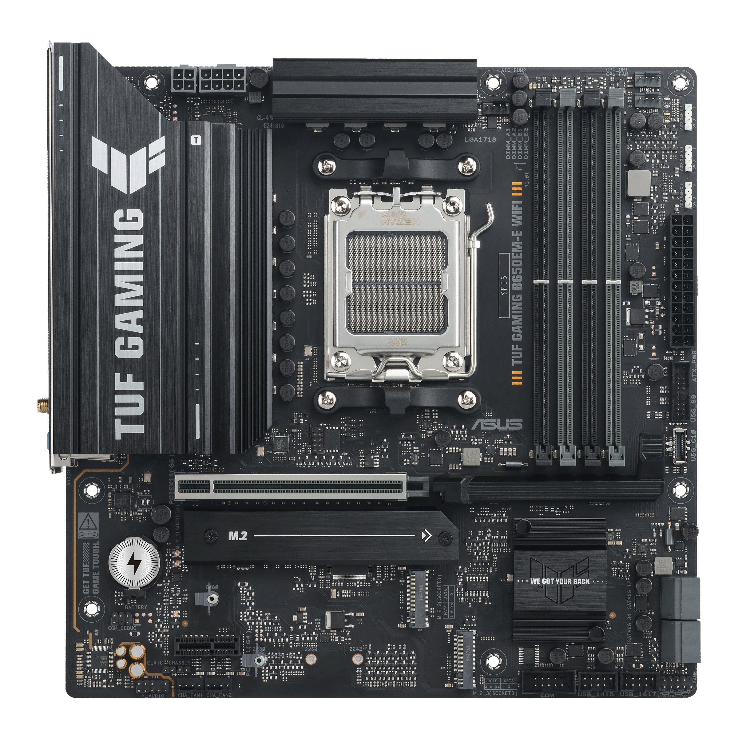 A large main feature product image of EX-DEMO ASUS TUF Gaming B650EM-E WIFI AM5 mATX Desktop Motherboard
