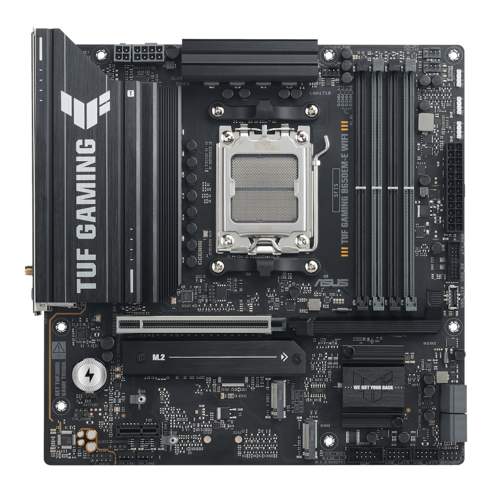 A large main feature product image of EX-DEMO ASUS TUF Gaming B650EM-E WIFI AM5 mATX Desktop Motherboard