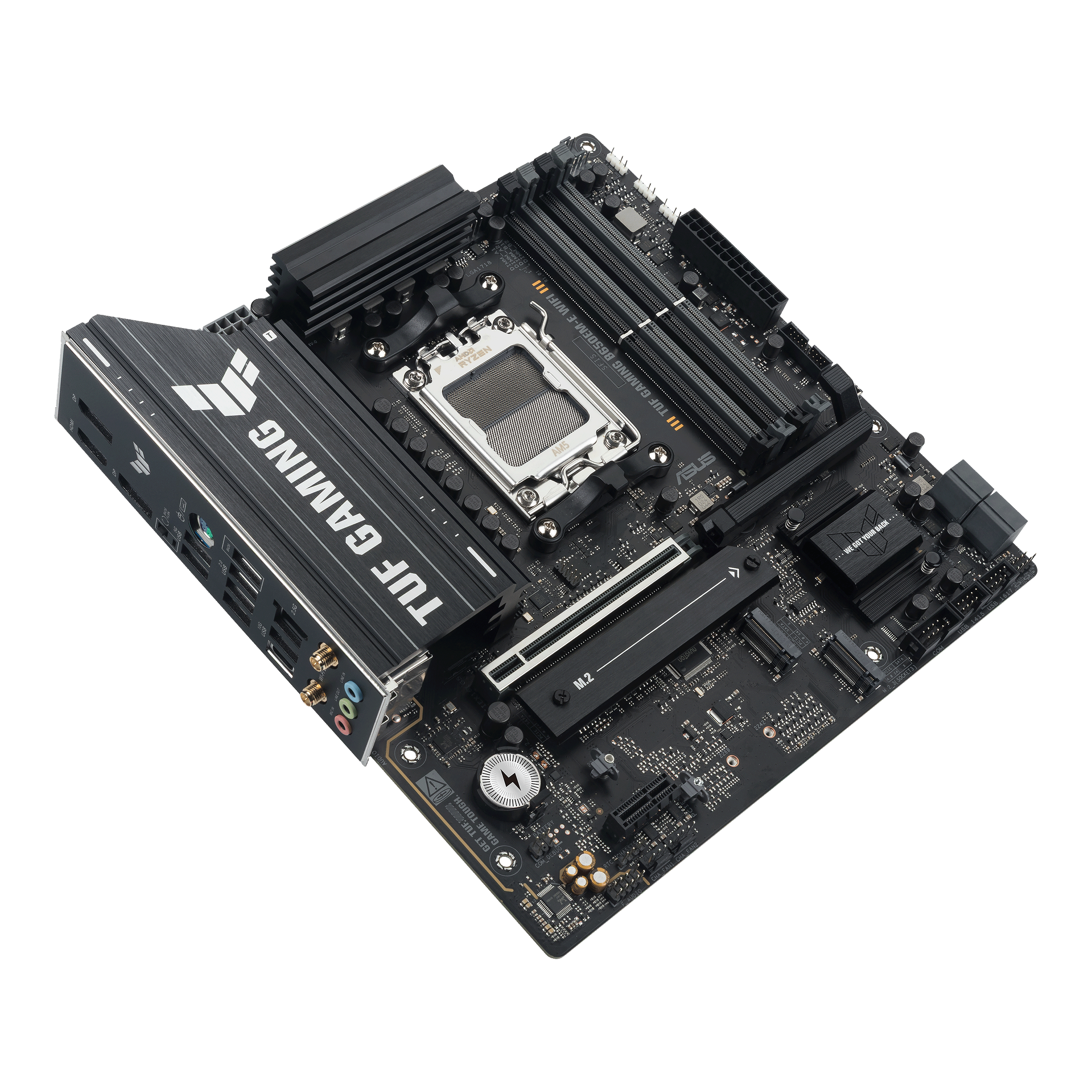 A large main feature product image of EX-DEMO ASUS TUF Gaming B650EM-E WIFI AM5 mATX Desktop Motherboard