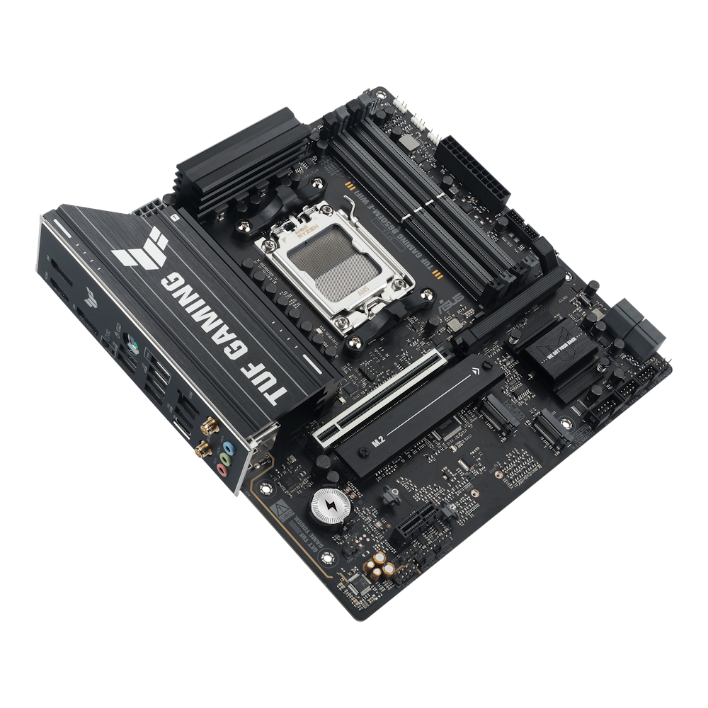 A large main feature product image of EX-DEMO ASUS TUF Gaming B650EM-E WIFI AM5 mATX Desktop Motherboard