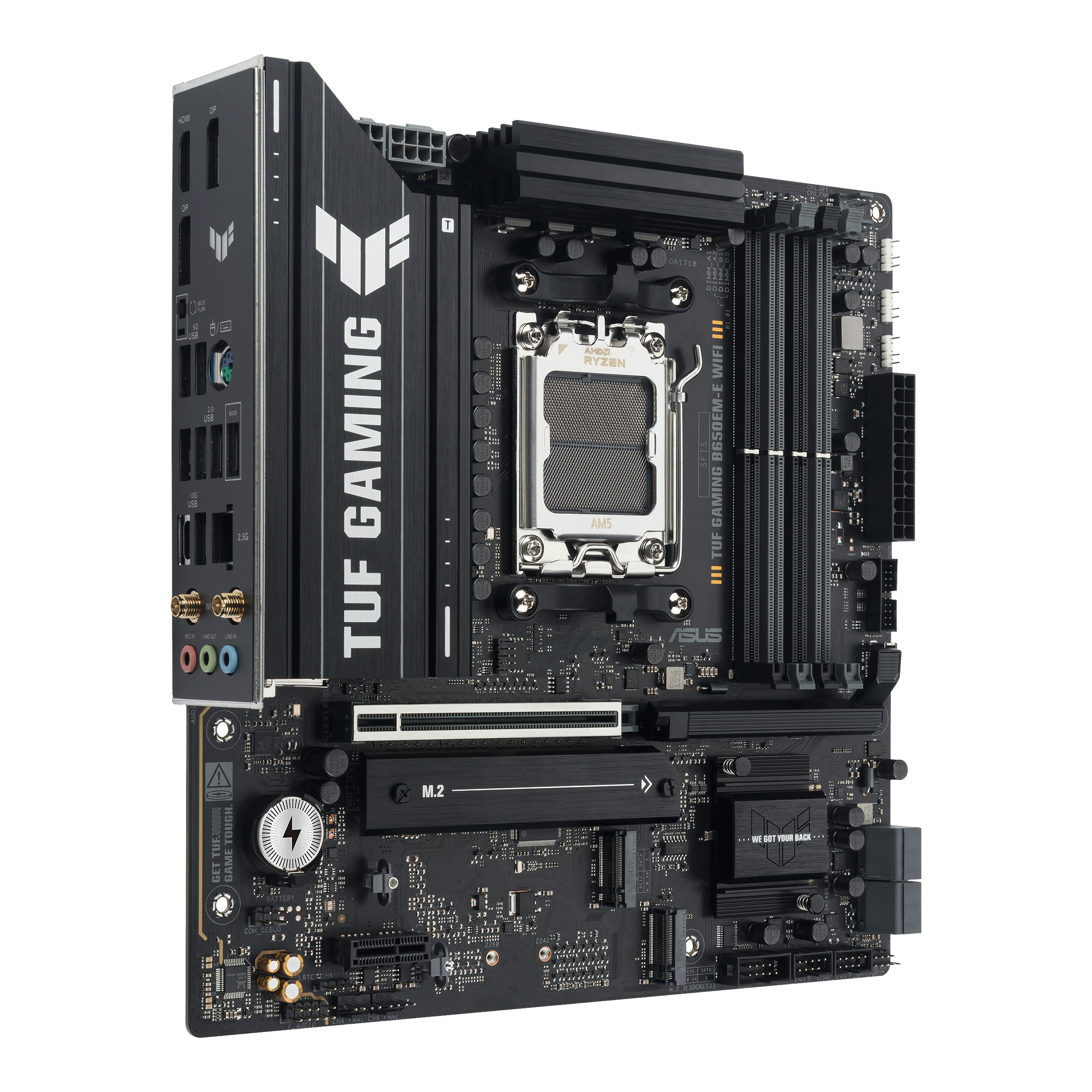 A large main feature product image of EX-DEMO ASUS TUF Gaming B650EM-E WIFI AM5 mATX Desktop Motherboard