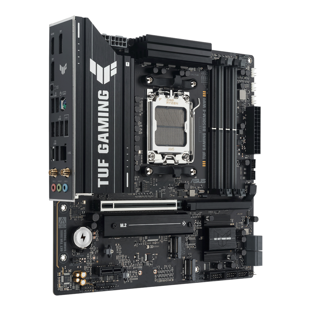 A large main feature product image of EX-DEMO ASUS TUF Gaming B650EM-E WIFI AM5 mATX Desktop Motherboard