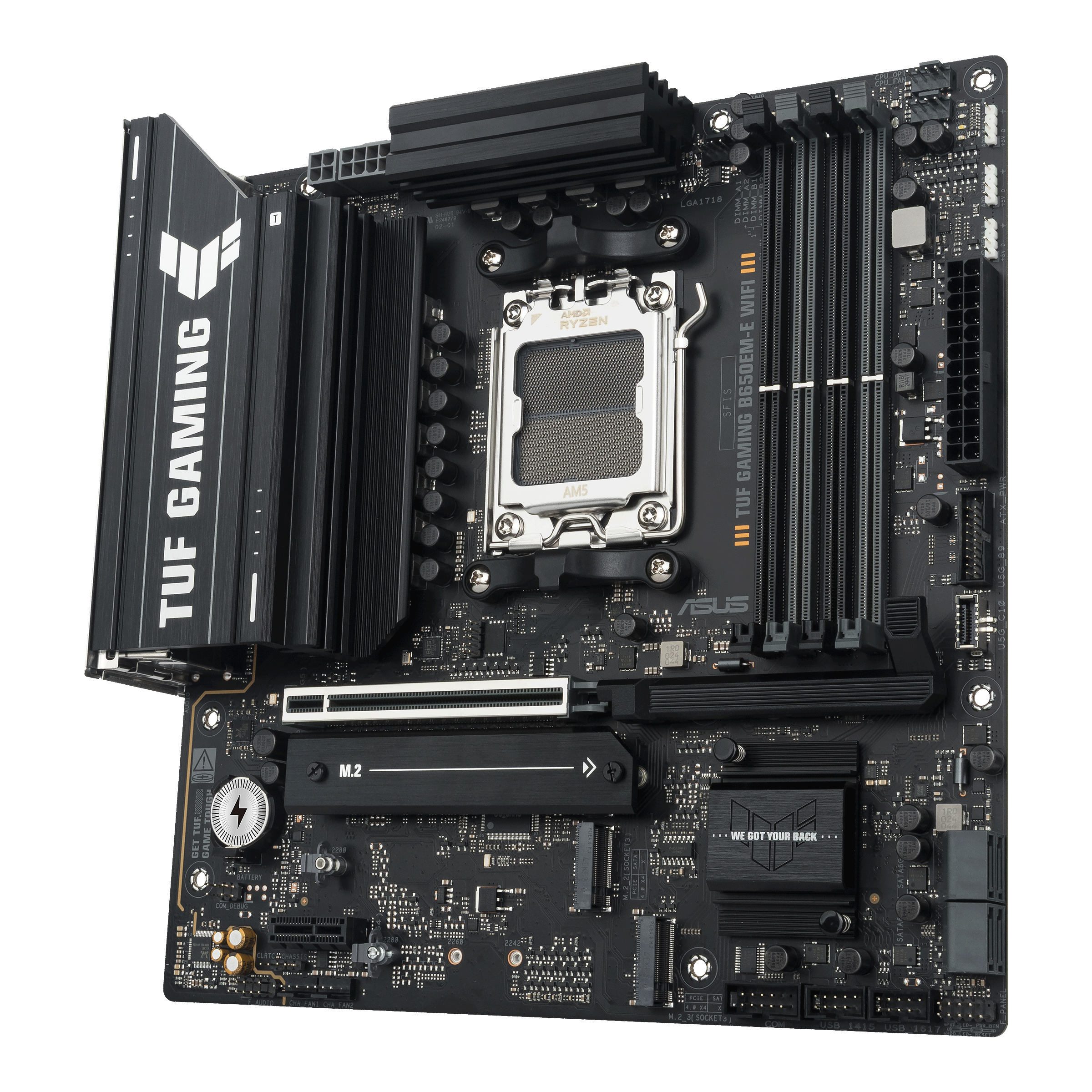A large main feature product image of EX-DEMO ASUS TUF Gaming B650EM-E WIFI AM5 mATX Desktop Motherboard