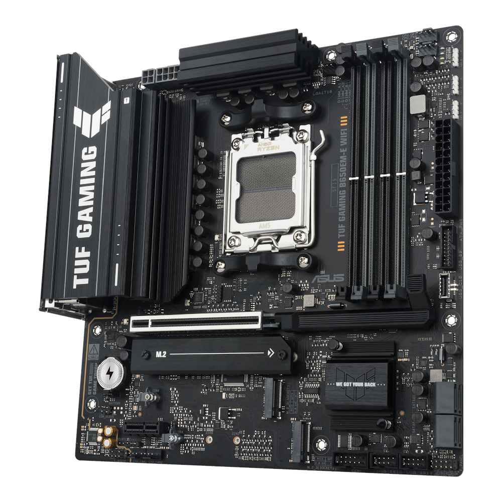 A large main feature product image of EX-DEMO ASUS TUF Gaming B650EM-E WIFI AM5 mATX Desktop Motherboard