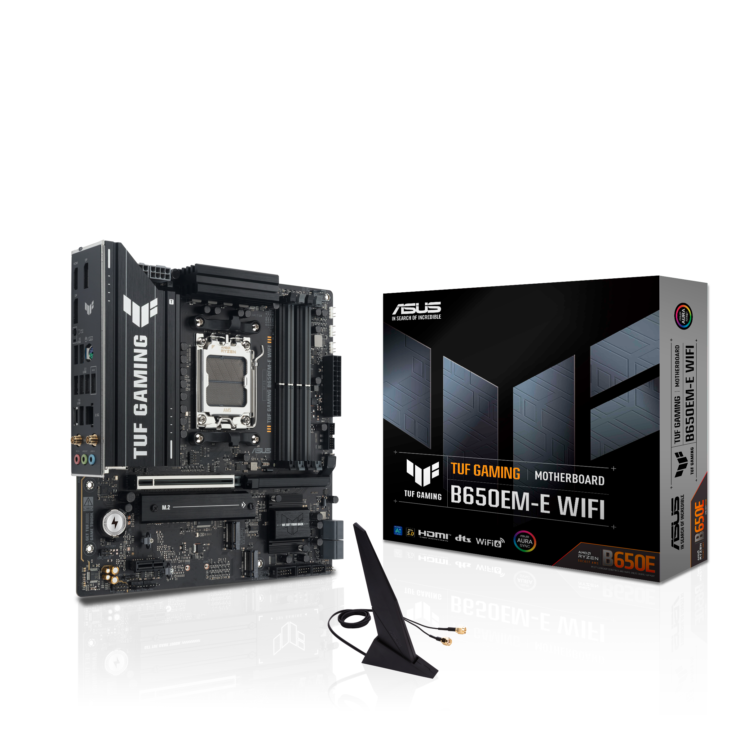 A large main feature product image of EX-DEMO ASUS TUF Gaming B650EM-E WIFI AM5 mATX Desktop Motherboard