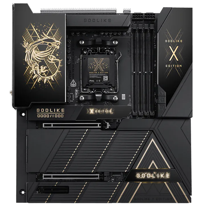 A large main feature product image of MSI MEG X870E X GODLIKE AM5 eATX Desktop Motherboard