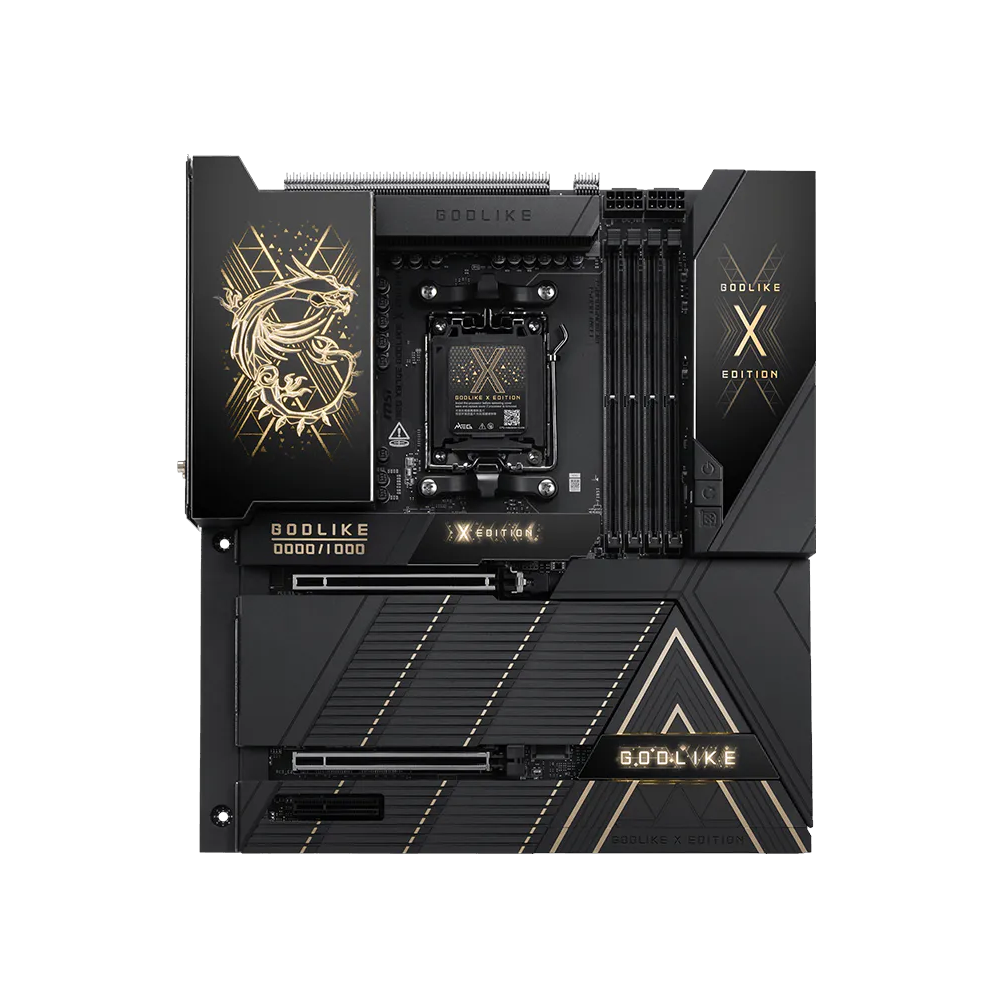 A large main feature product image of MSI MEG X870E X GODLIKE AM5 eATX Desktop Motherboard