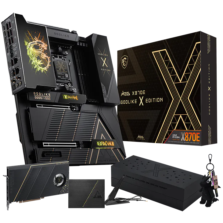 A large main feature product image of MSI MEG X870E X GODLIKE AM5 eATX Desktop Motherboard