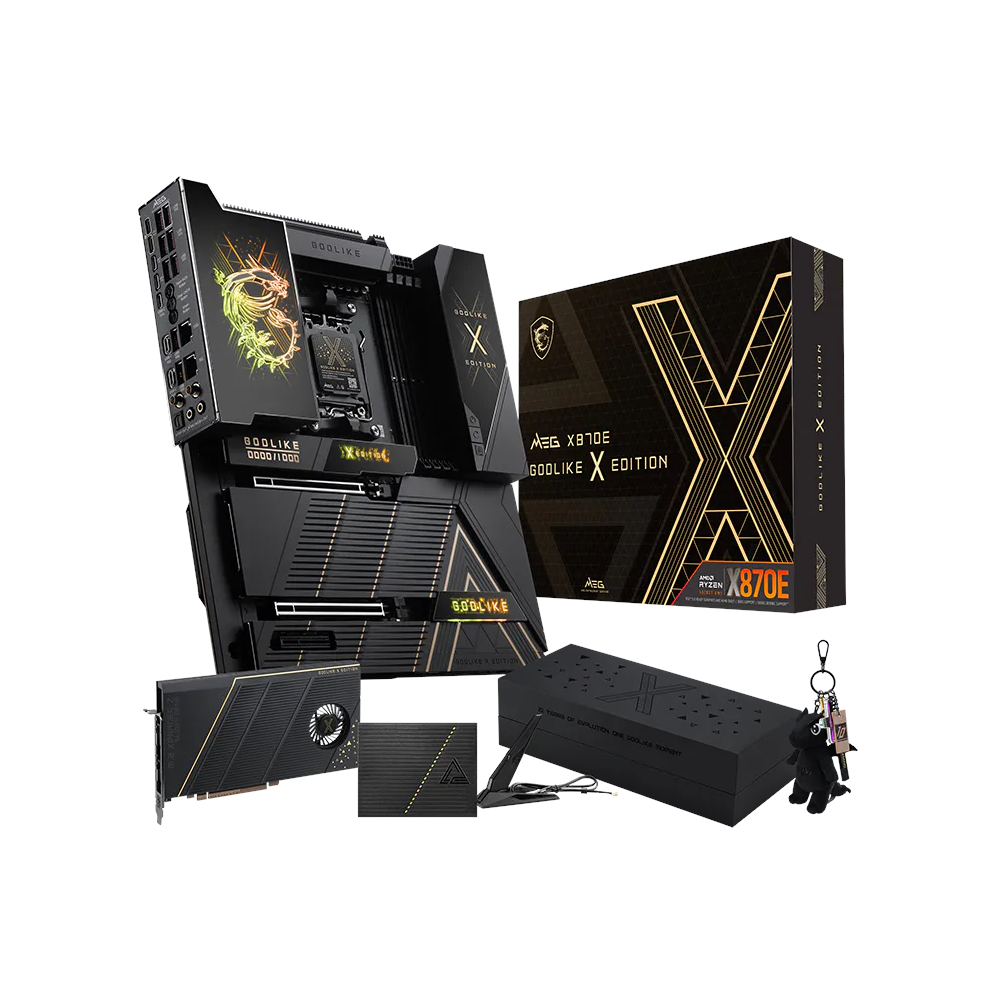 A large main feature product image of MSI MEG X870E X GODLIKE AM5 eATX Desktop Motherboard