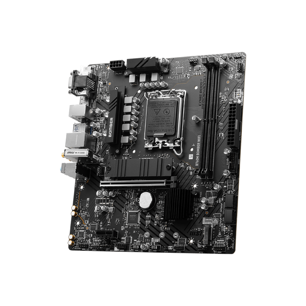 A large main feature product image of EX-DEMO MSI B760M BOMBER WIFI LGA1700 mATX Desktop Motherboard