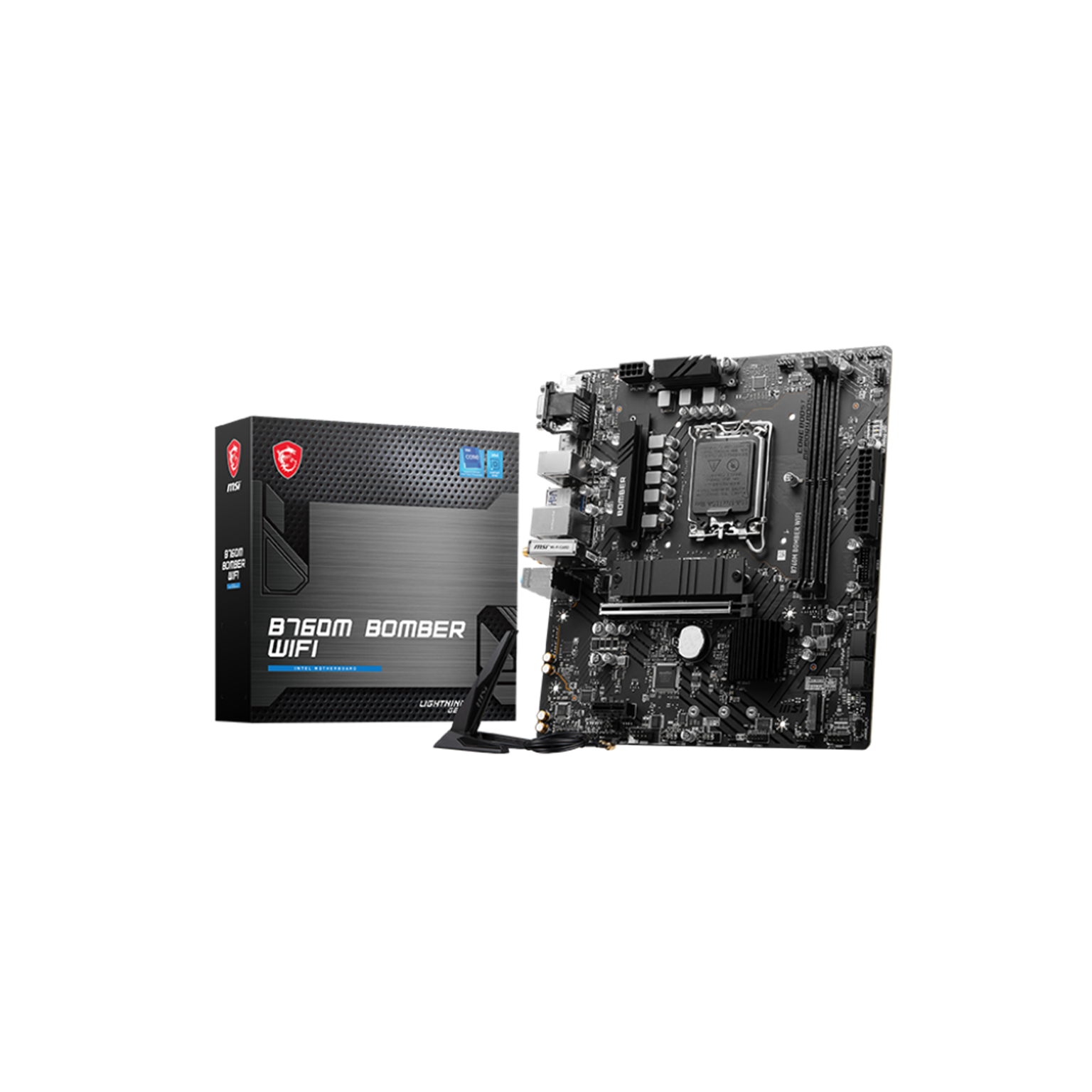 A large main feature product image of EX-DEMO MSI B760M BOMBER WIFI LGA1700 mATX Desktop Motherboard
