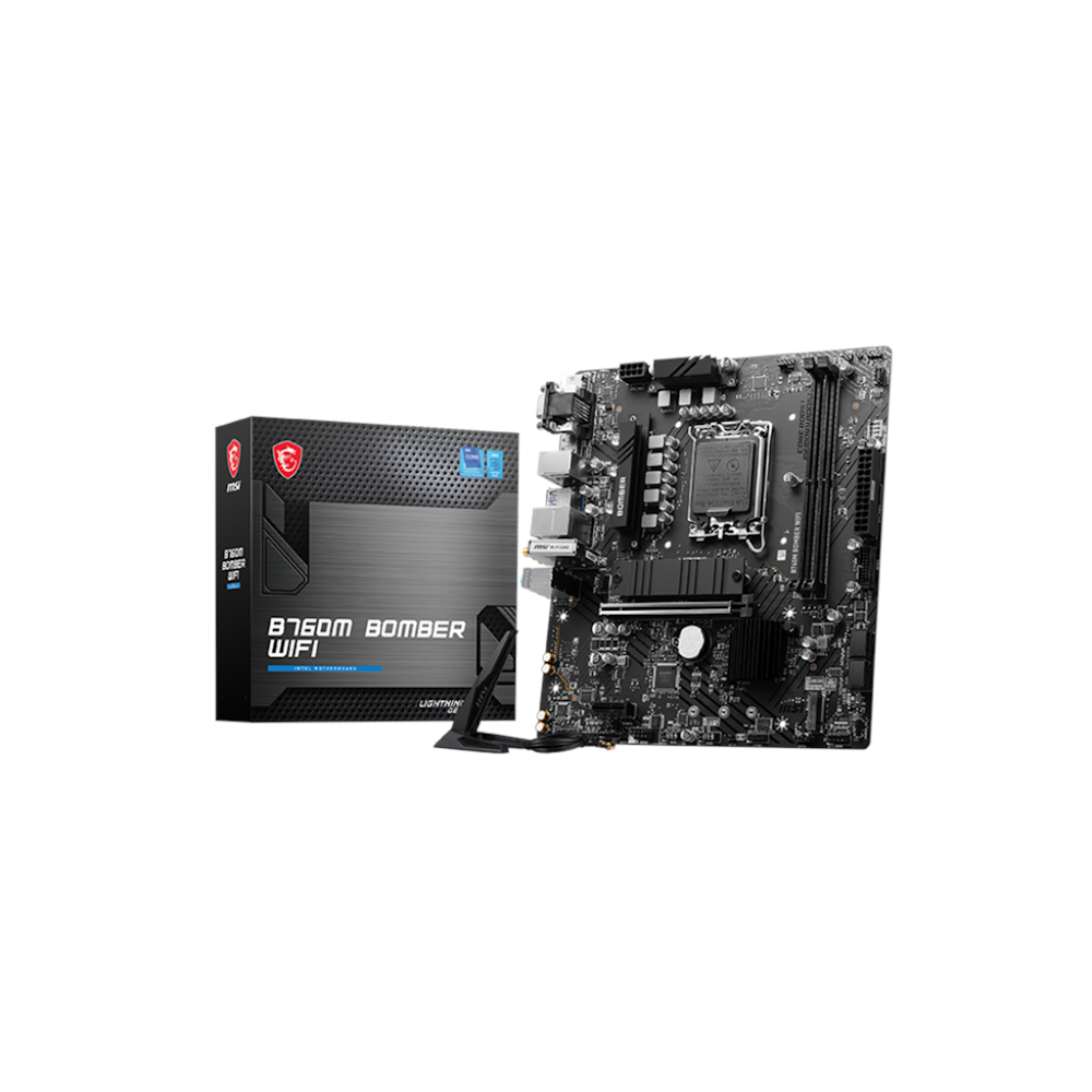 A large main feature product image of EX-DEMO MSI B760M BOMBER WIFI LGA1700 mATX Desktop Motherboard