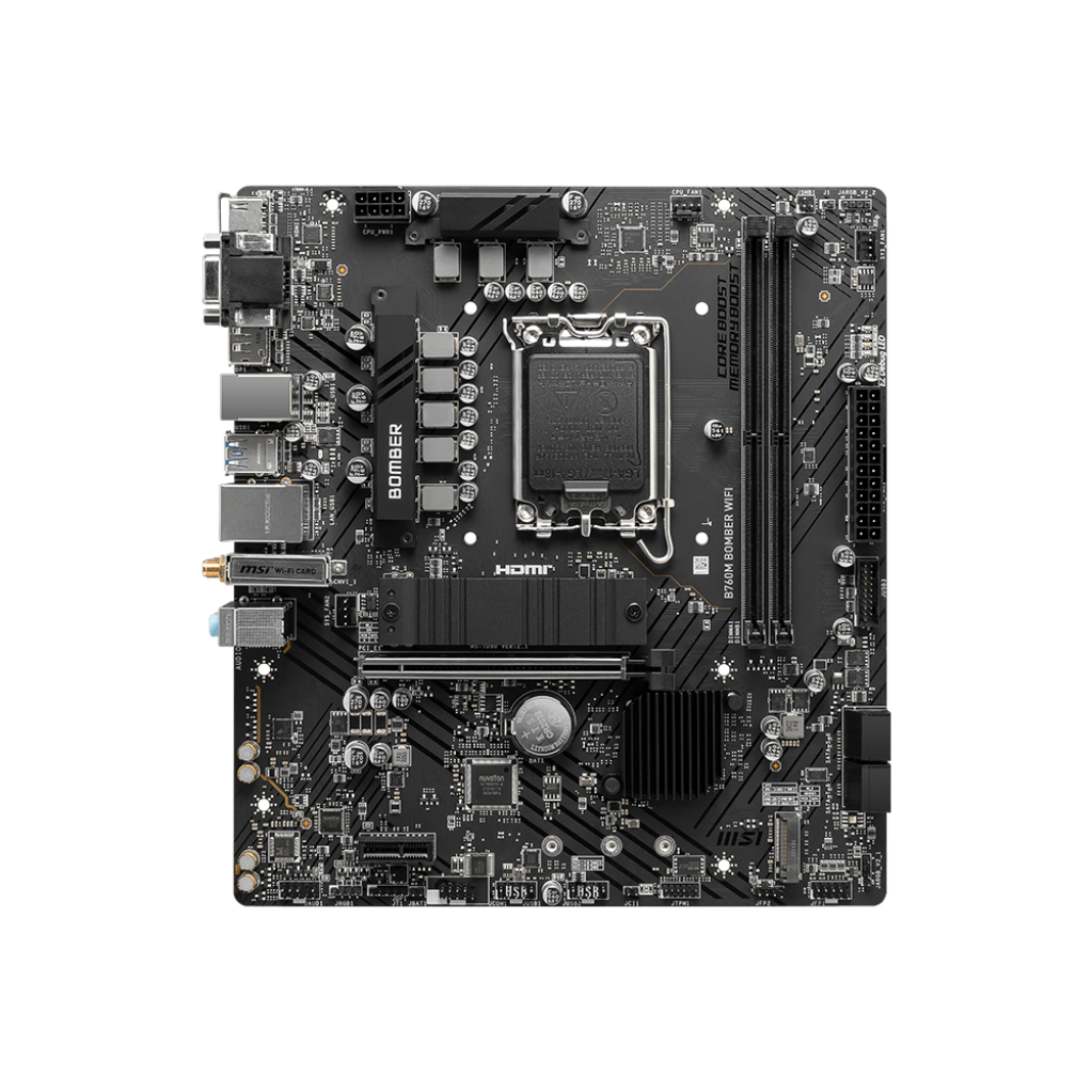 A large main feature product image of EX-DEMO MSI B760M BOMBER WIFI LGA1700 mATX Desktop Motherboard