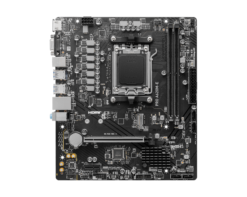 A large main feature product image of EX-DEMO MSI PRO A620M-E AM5 mATX Desktop Motherboard