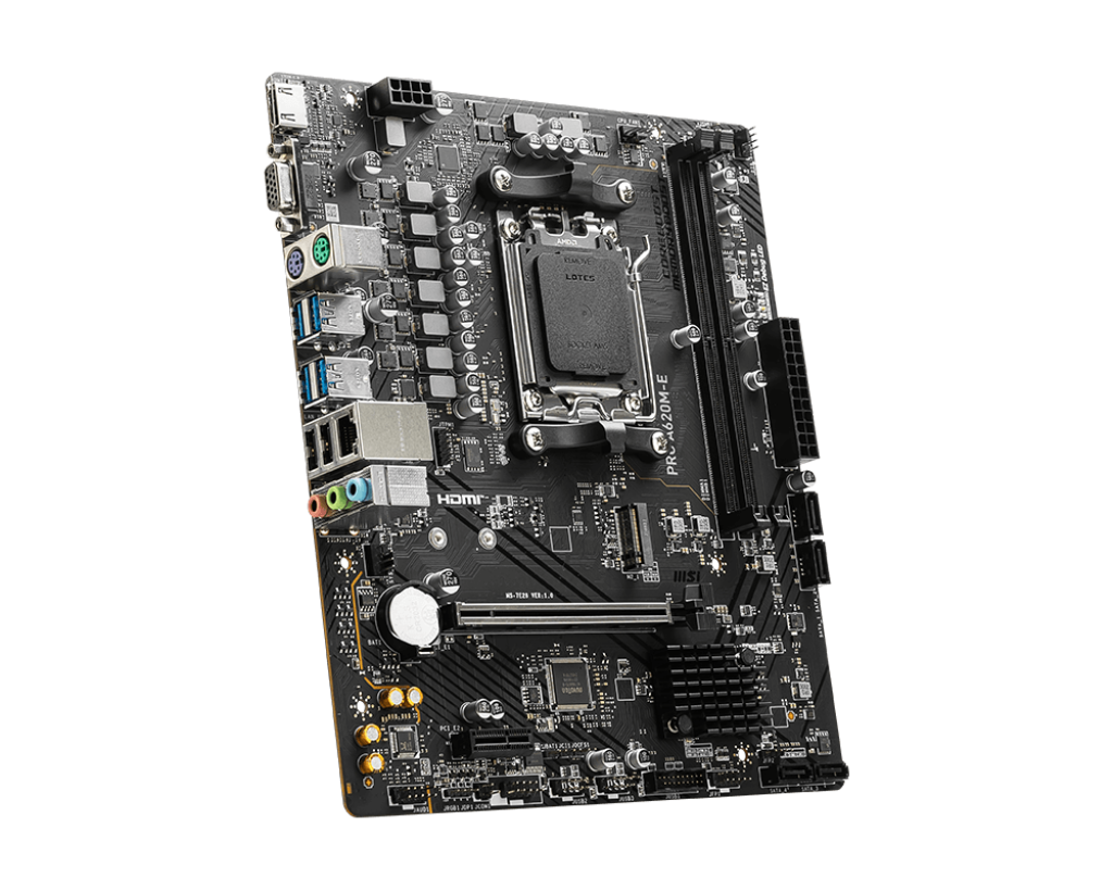 A large main feature product image of EX-DEMO MSI PRO A620M-E AM5 mATX Desktop Motherboard