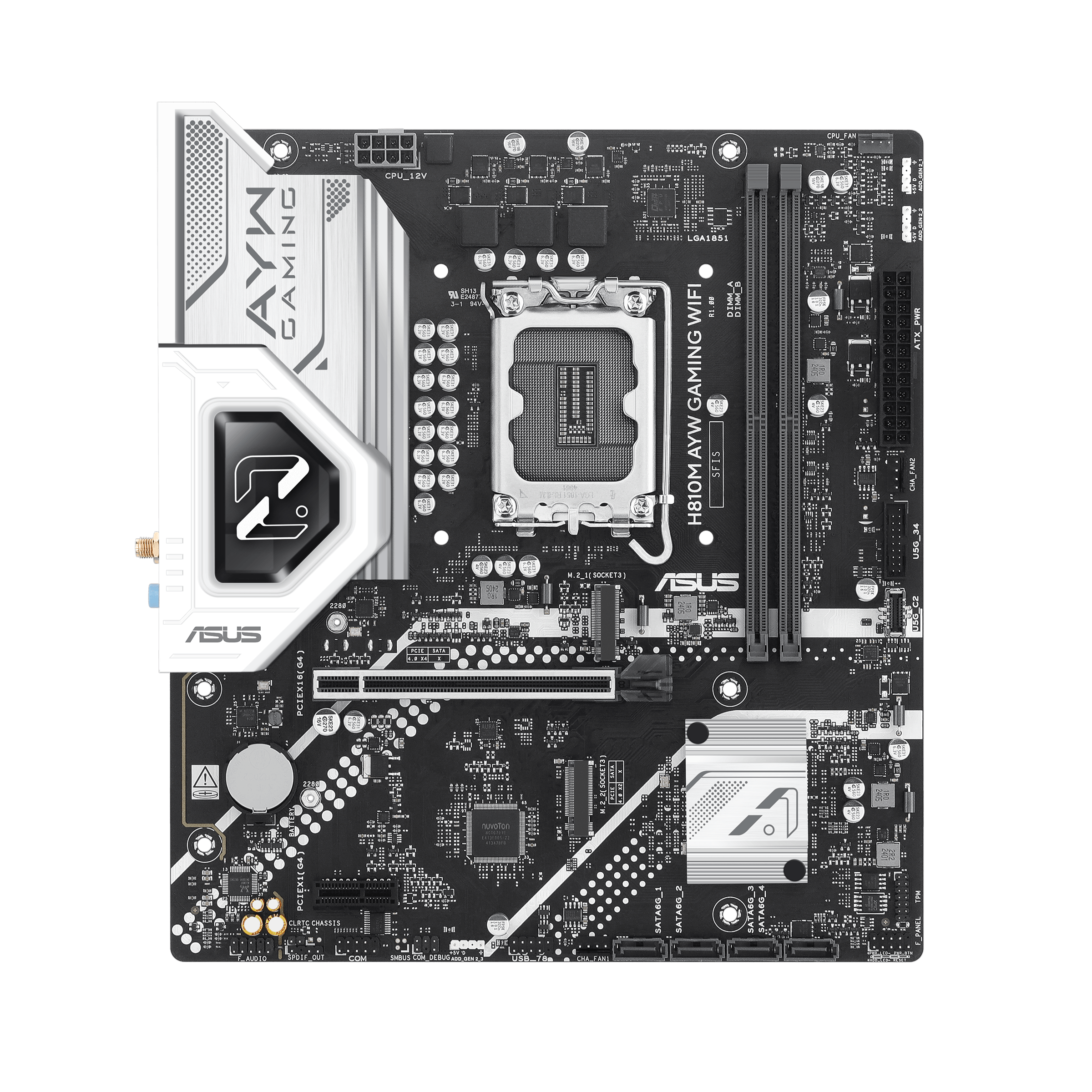 A large main feature product image of EX-DEMO ASUS H810M AYW Gaming WiFi LGA1851 mATX Desktop Motherboard