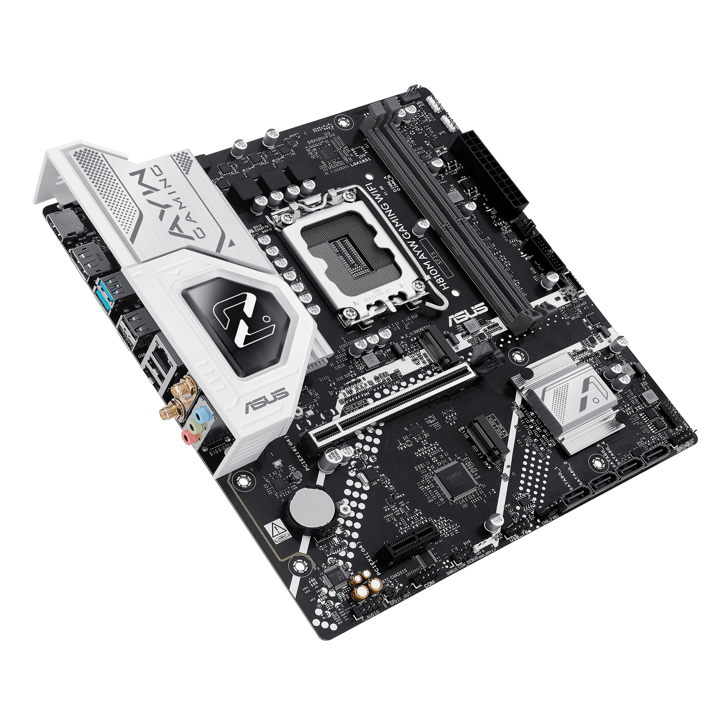 A large main feature product image of EX-DEMO ASUS H810M AYW Gaming WiFi LGA1851 mATX Desktop Motherboard
