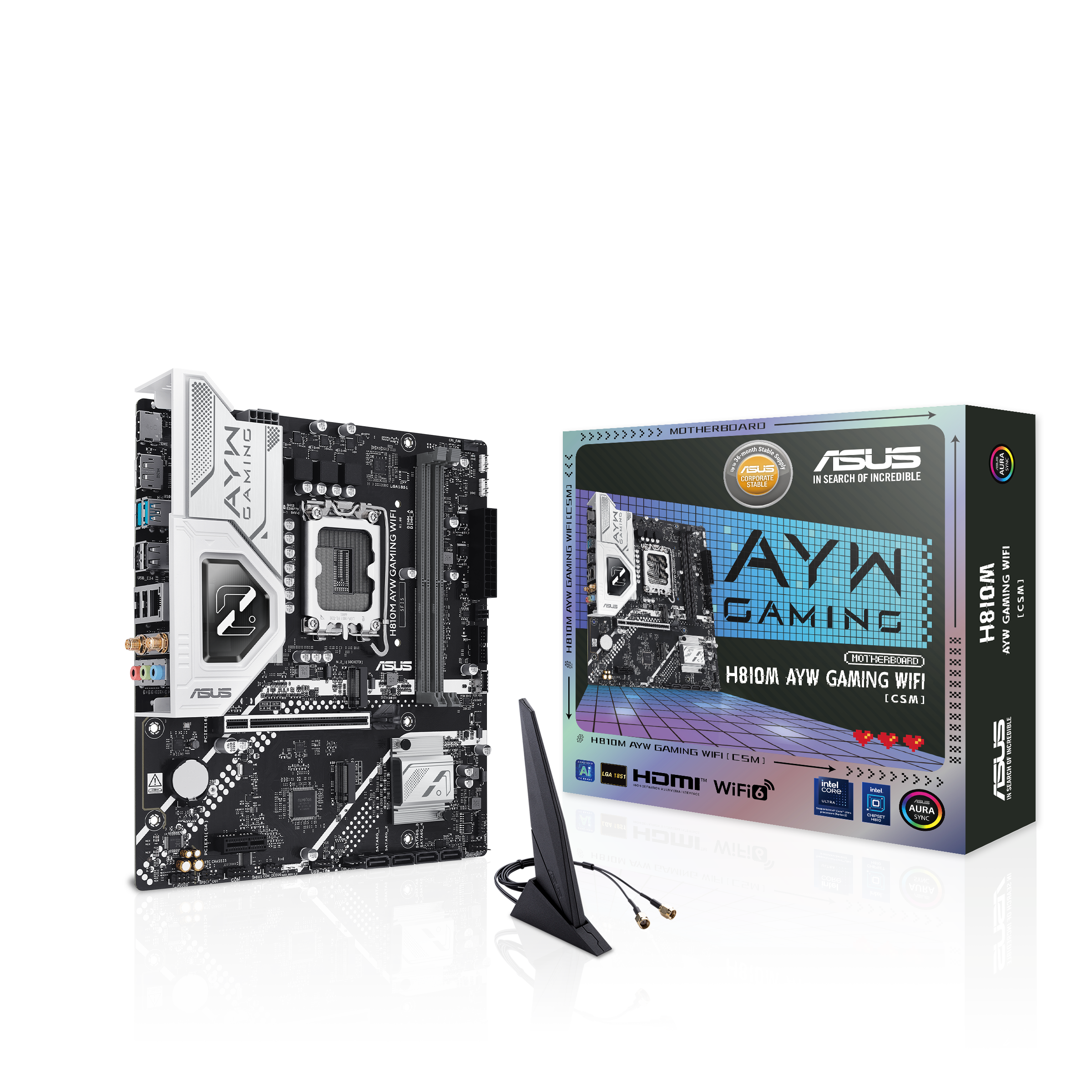 A large main feature product image of EX-DEMO ASUS H810M AYW Gaming WiFi LGA1851 mATX Desktop Motherboard