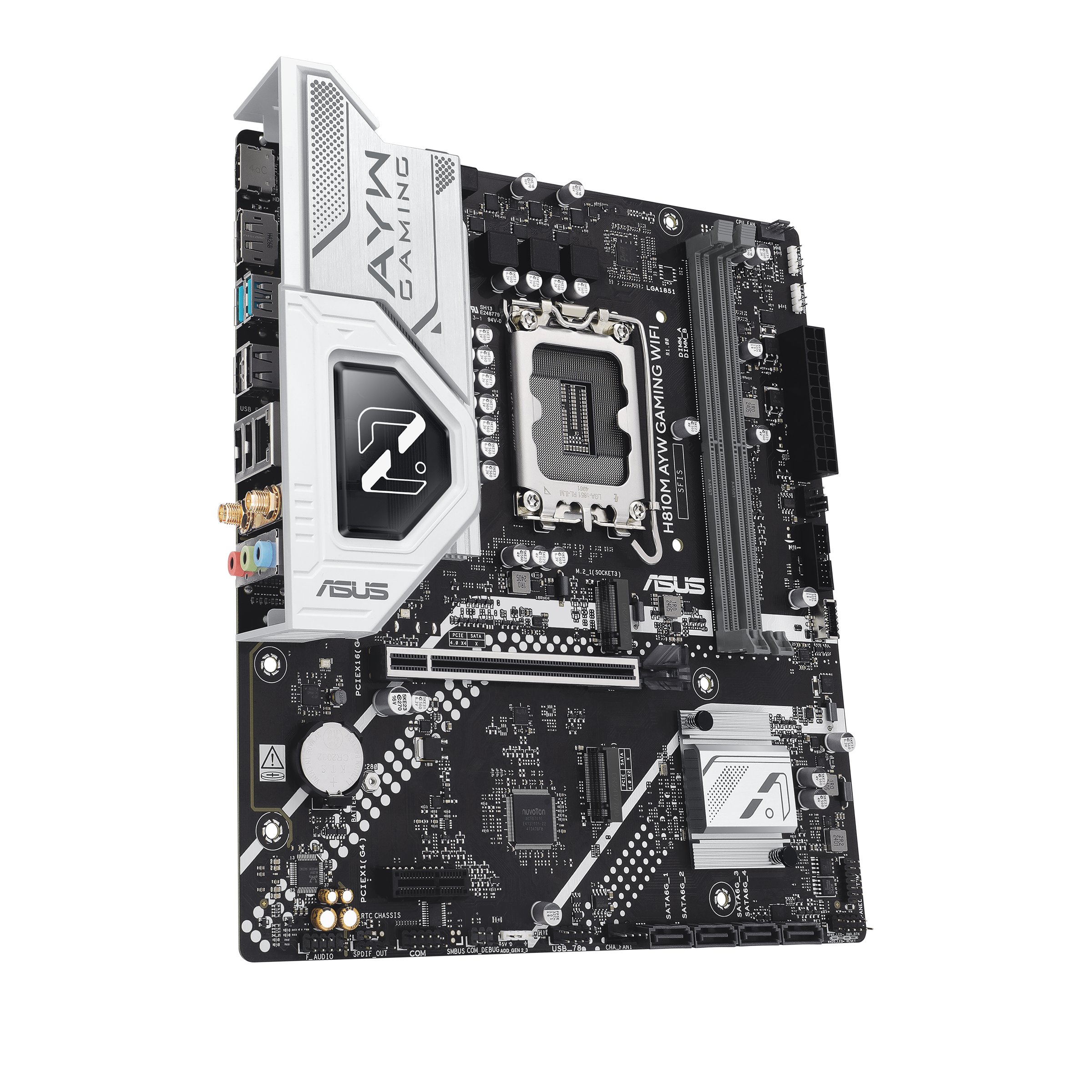 A large main feature product image of EX-DEMO ASUS H810M AYW Gaming WiFi LGA1851 mATX Desktop Motherboard