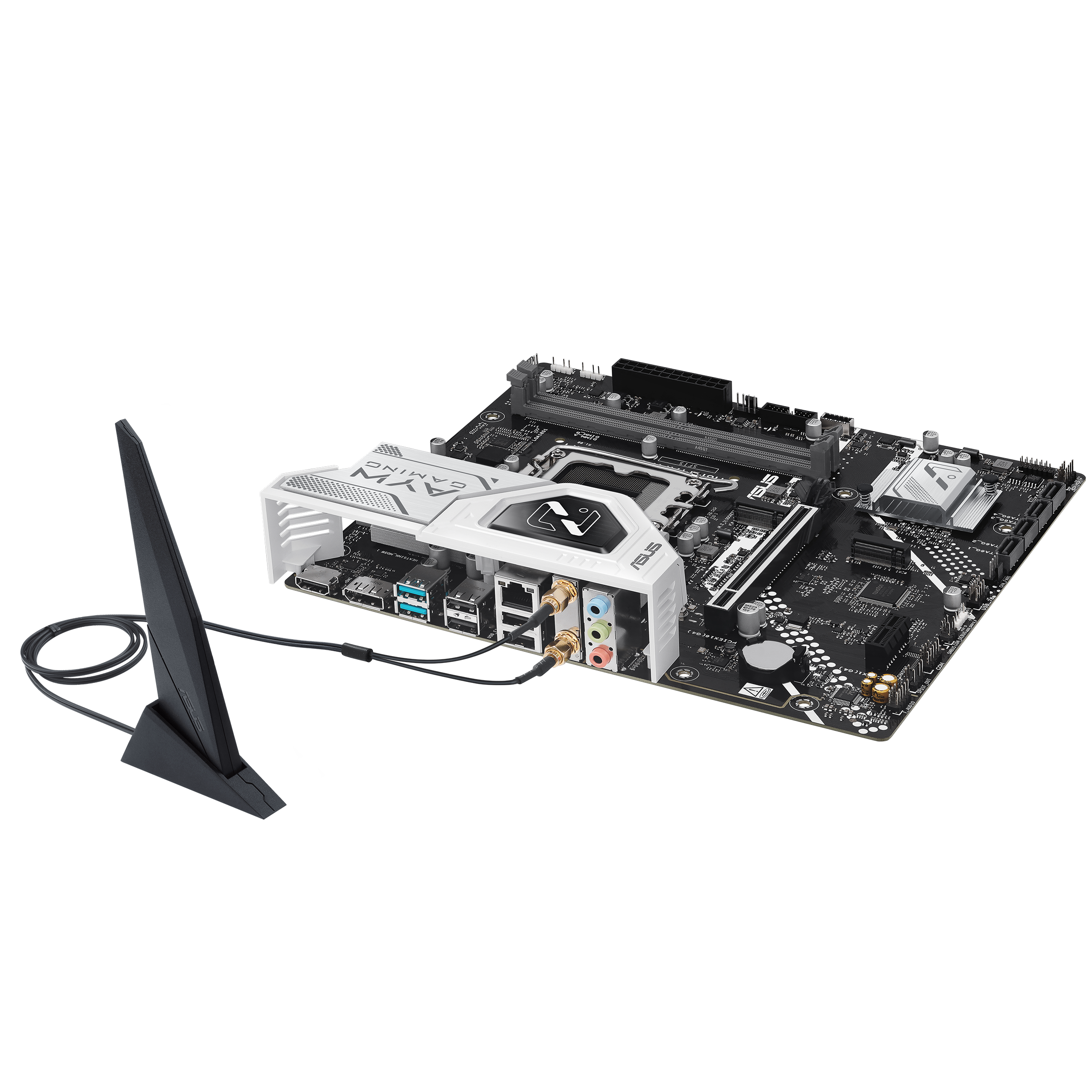 A large main feature product image of EX-DEMO ASUS H810M AYW Gaming WiFi LGA1851 mATX Desktop Motherboard