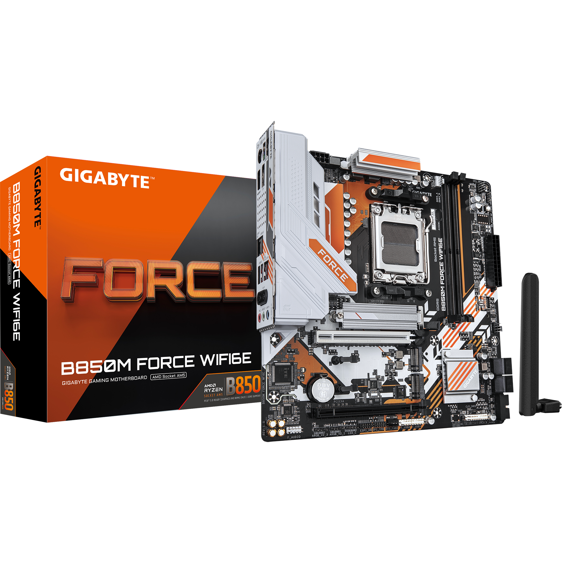 A large main feature product image of Gigabyte B850M Force WiFi6E AM5 mATX Desktop Motherboard