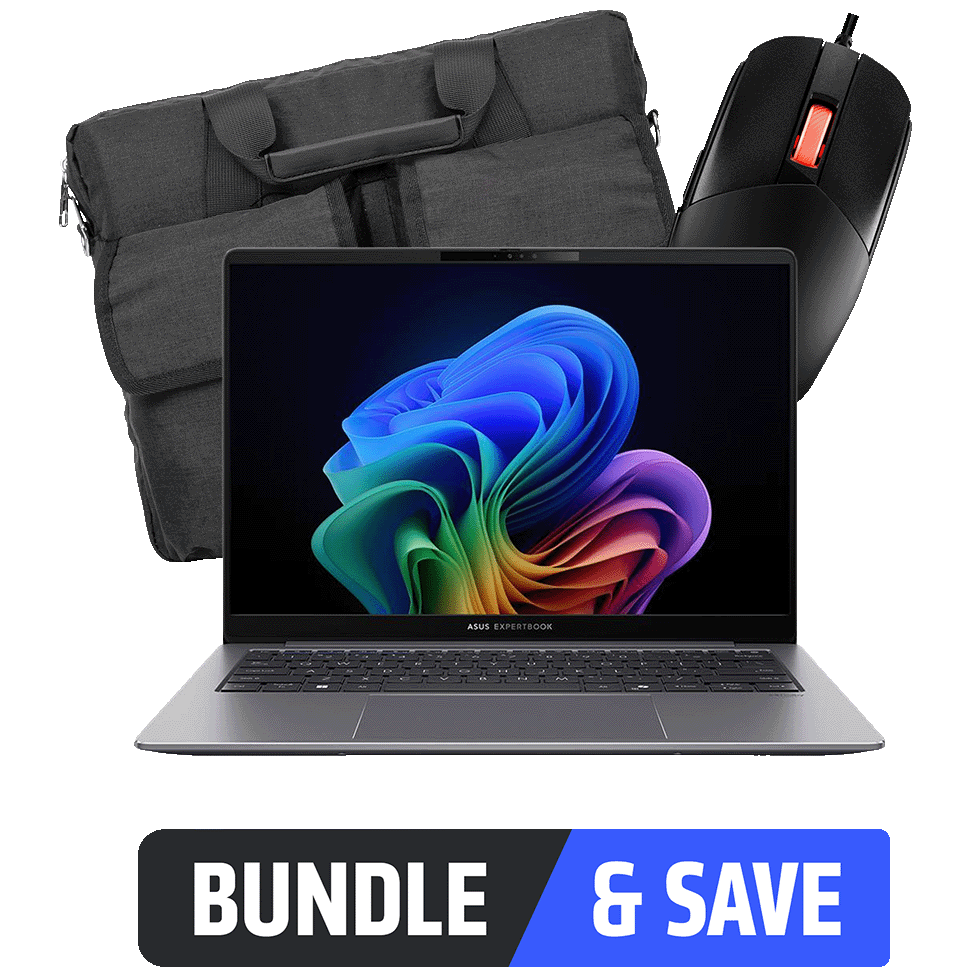 A large main feature product image of ASUS ExpertBook + ROG Mouse & Notebook Bag Bundle