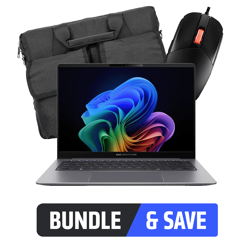 A large main feature product image of ASUS ExpertBook + ROG Mouse & Notebook Bag Bundle