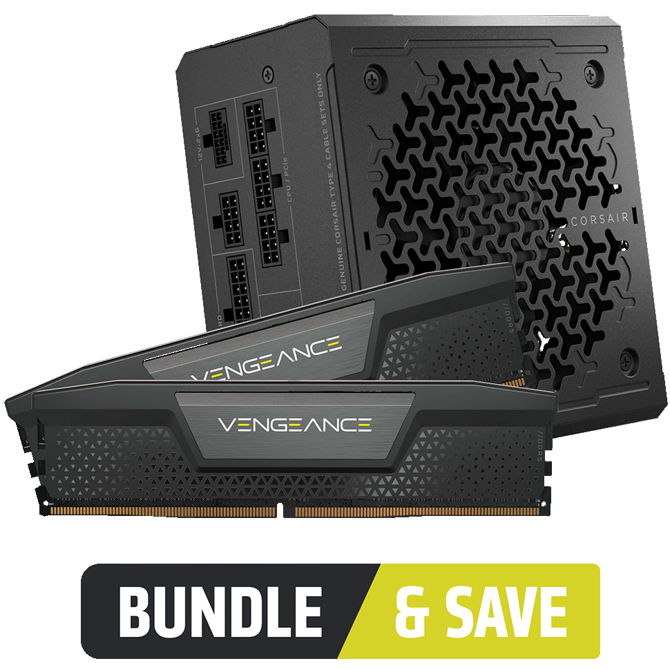 A large main feature product image of Corsair RAM & Power Supply Bundle