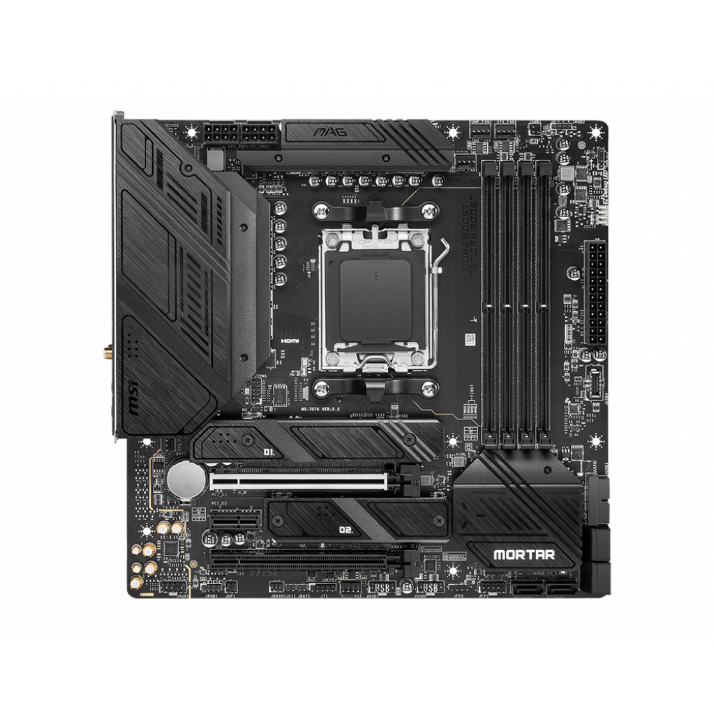 A large main feature product image of EX-DEMO MSI MAG B650M Mortar WiFi AM5 mATX Desktop Motherboard