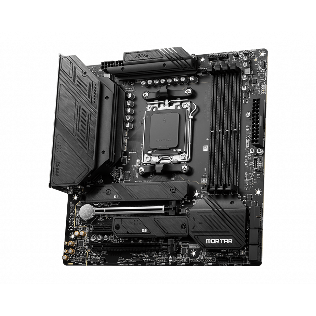 A large main feature product image of EX-DEMO MSI MAG B650M Mortar WiFi AM5 mATX Desktop Motherboard