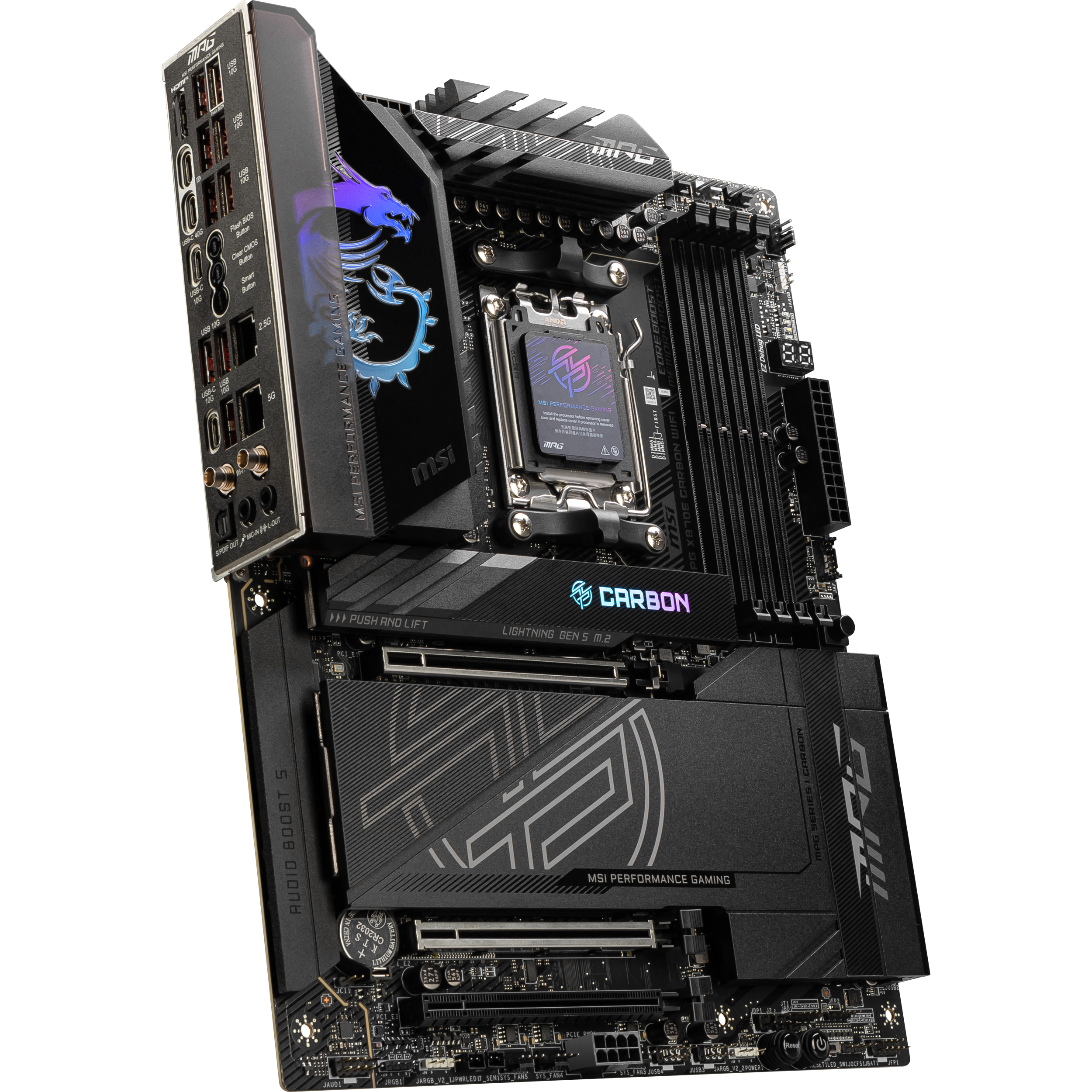 A large main feature product image of EX-DEMO MSI MPG X870E Carbon WiFi AM5 ATX Desktop Motherboard